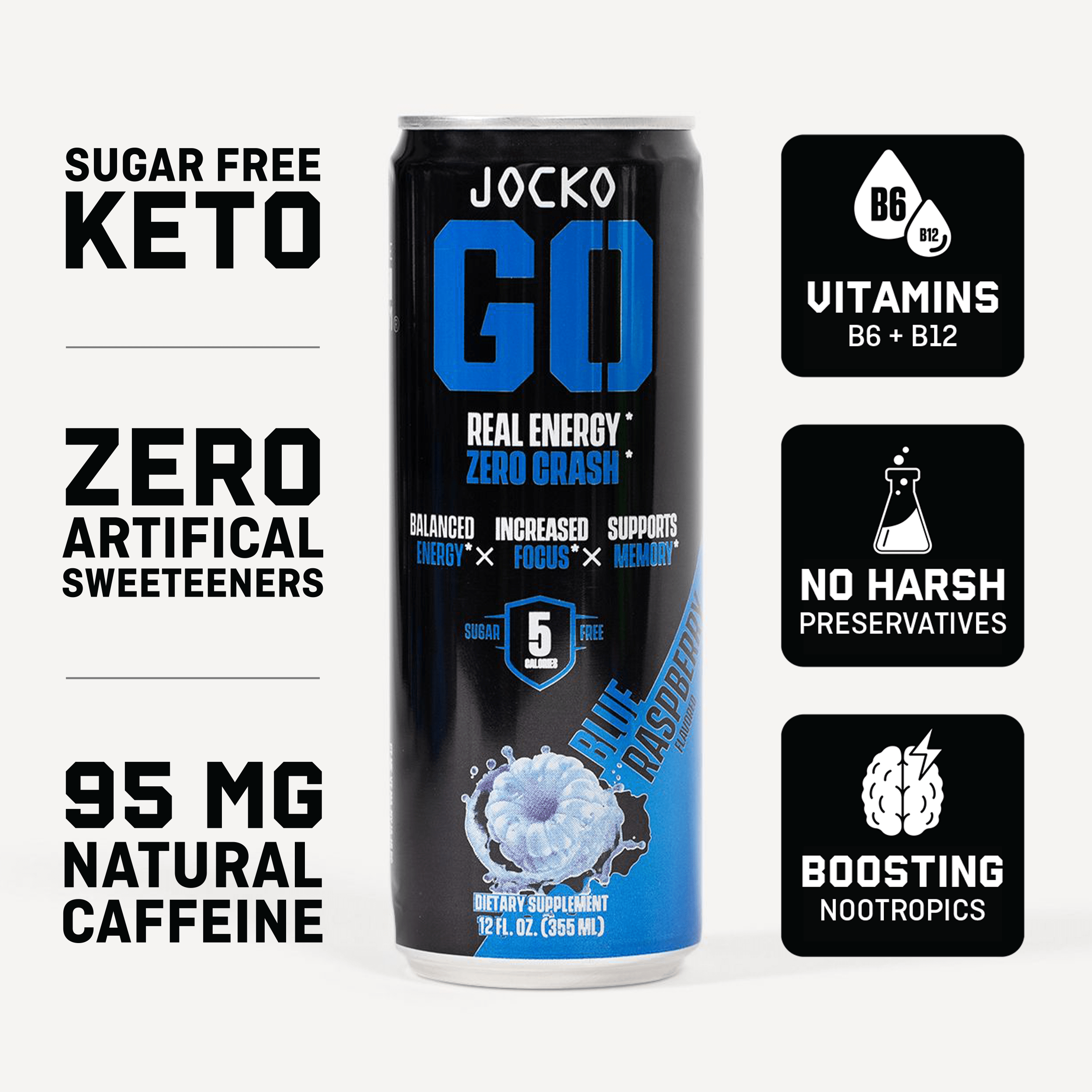 JOCKO GO Energy Drink - 12 Pack | Sugar-Free Pre Workout & Post Workout Supplement | Boost Energy & Focus for Gym, Running & Fitness