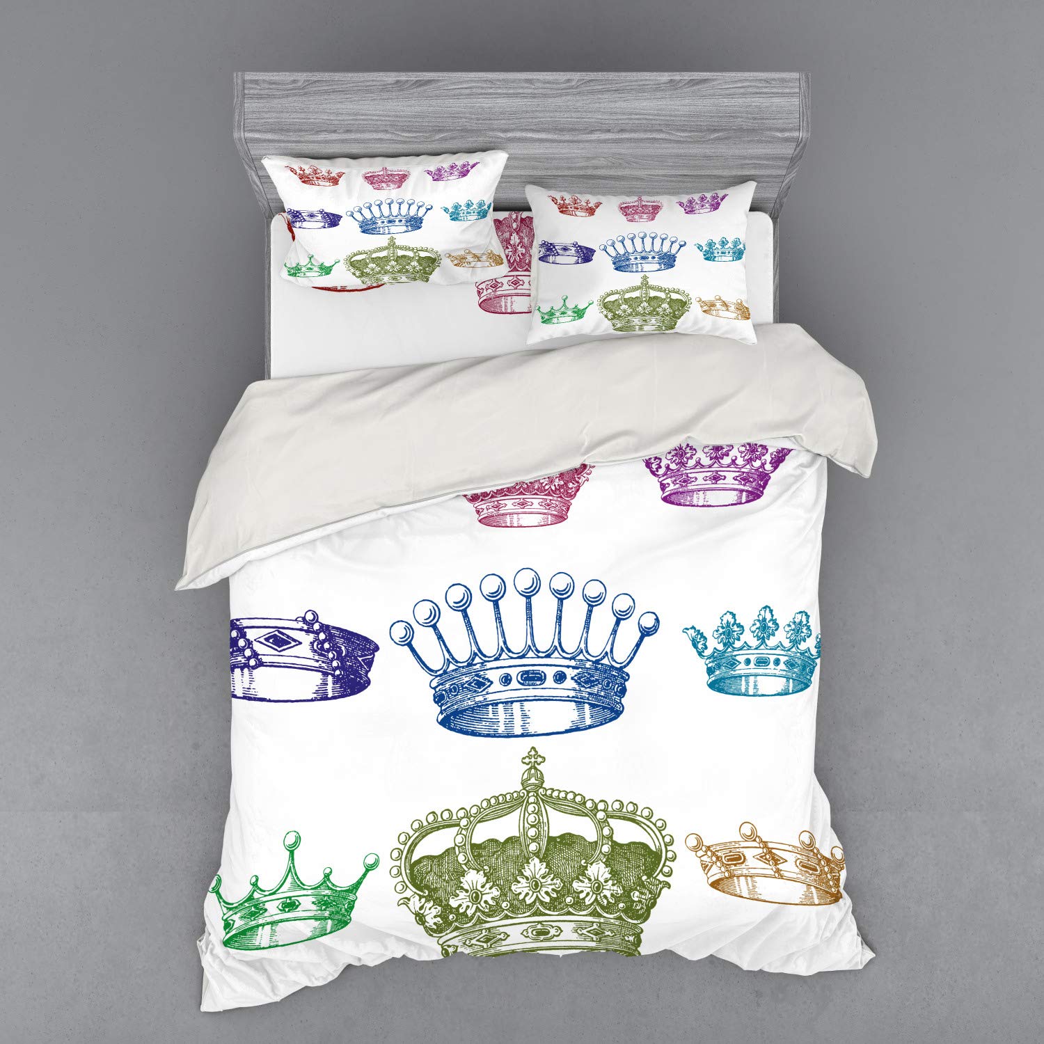Ambesonne Queen Duvet Cover Set - Baroque Style Antique Crown Design with Rococo Victorian Floral Patterns, 4-Piece Bedding Set Includes Shams & Fitted Sheet, Queen Size, Multicolor - Perfect for Vintage Themed Bedrooms & Luxurious Home Decor