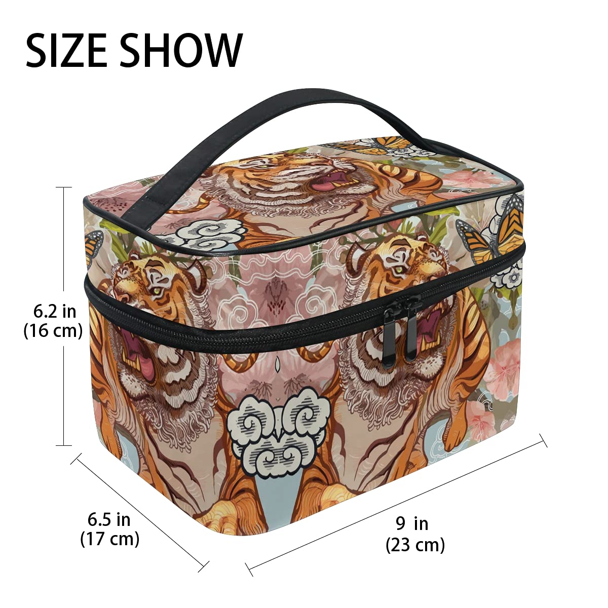 Tiger Jungle Floral Print Cosmetic Bag - Waterproof Makeup Organizer with Zipper for Women & Girls | Perfect for Travel, Gym, and Daily Essentials Storage