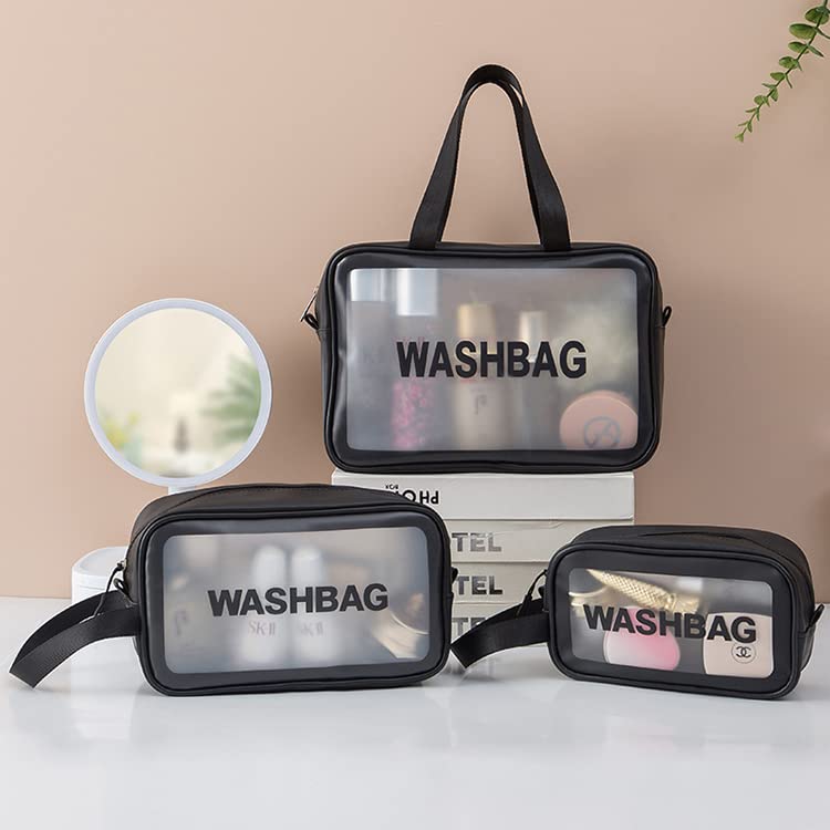 Trendegic Waterproof Clear PVC Zipper Cosmetic Travel Wash Bag - 3 Pack Toiletry Makeup Organizer Pouch for Women & Girls (Black) | Perfect for Travel, Gym, Camping & Daily Storage