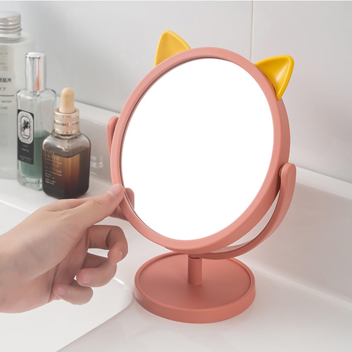 Leeonz Round Vanity Makeup Mirror with Stand - Wall Mount or Desktop Plastic Mirror with Cute Rabbit Ears (Pink & Yellow) for Bathroom, Bedroom, Dorm Room Decor