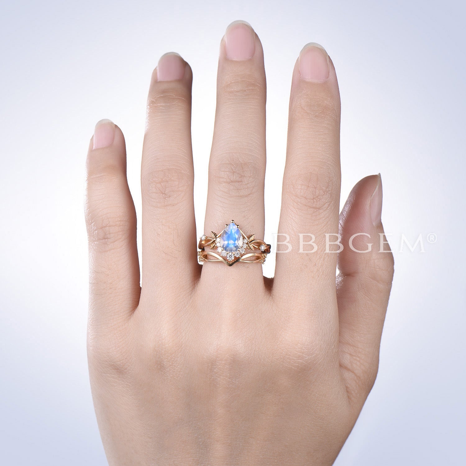 Rainbow Moonstone Teardrop Engagement Ring with Gold Leaf Vine Design - Vintage Bridal Jewelry Set for Weddings, Anniversaries & Special Occasions