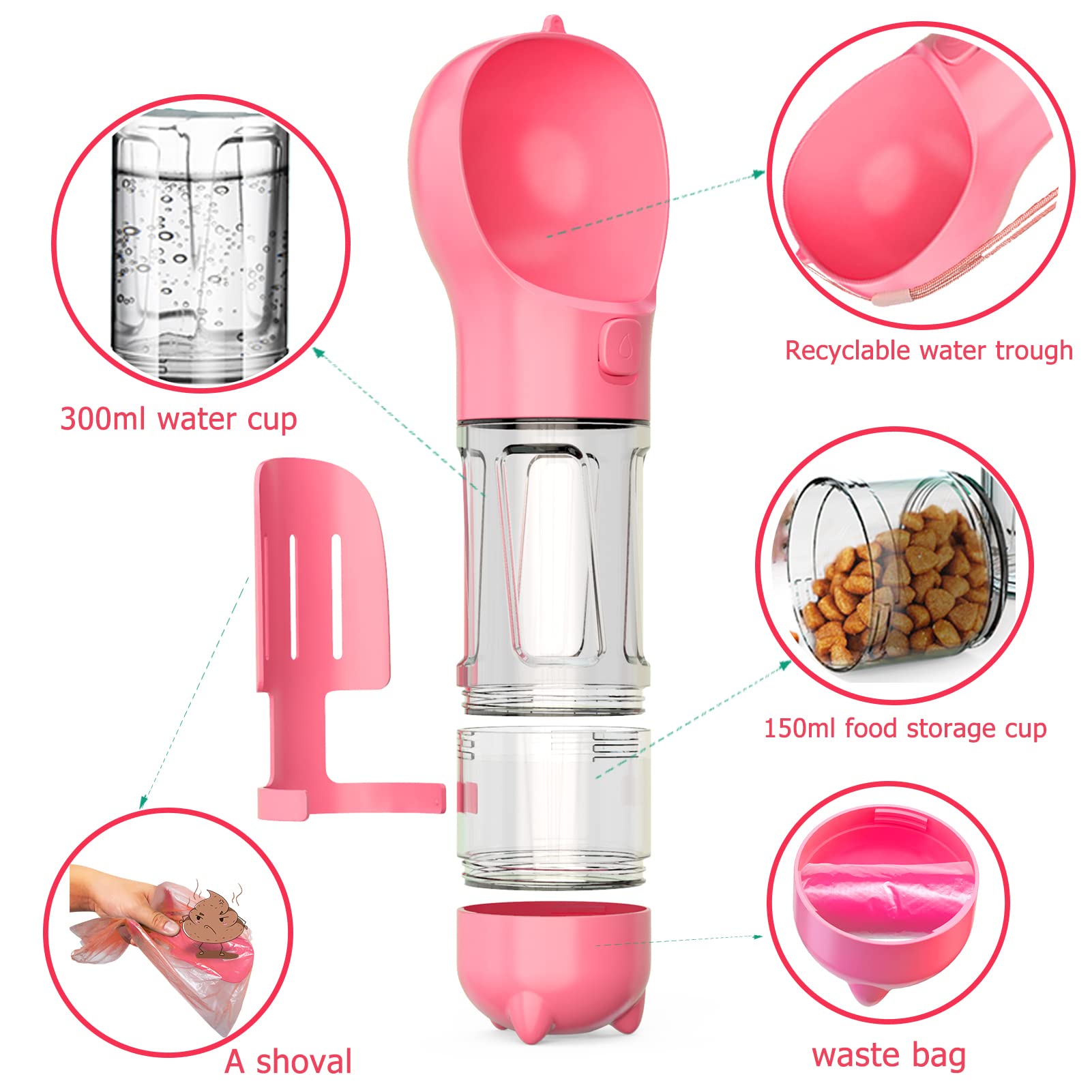 10oz Leak-Proof Portable Dog Water Bottle with Food Container & Waste Bag - Pink Pet Travel Accessories for Hiking, Walking & Outdoor Adventures