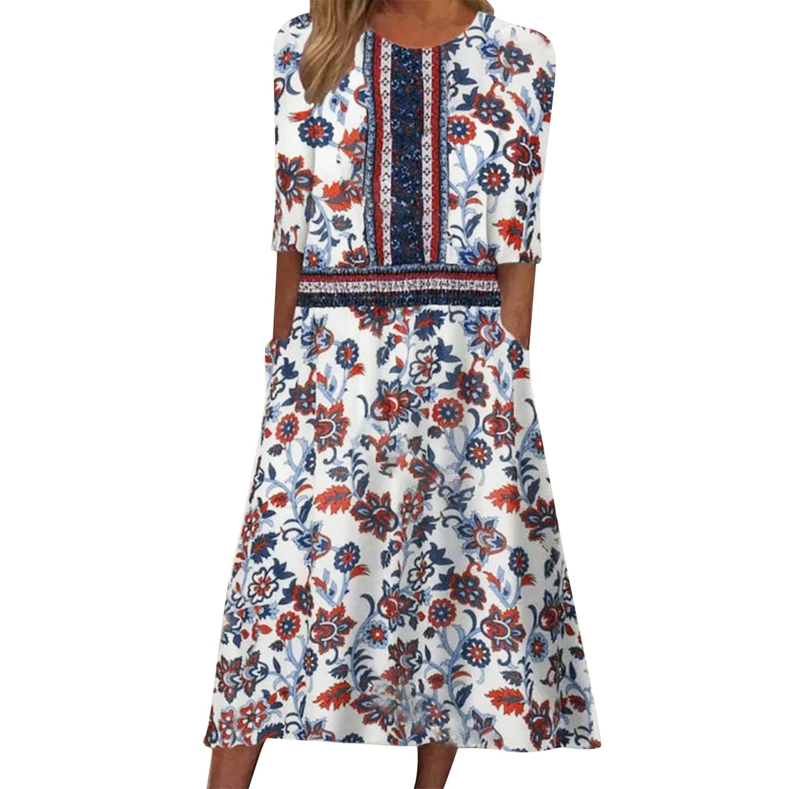 GQFDBS Women's Casual Floral Print O-Neck Half Sleeve Swing Dress with Ruffles - Perfect for Spring Outfits, Date Nights & Office Wear
