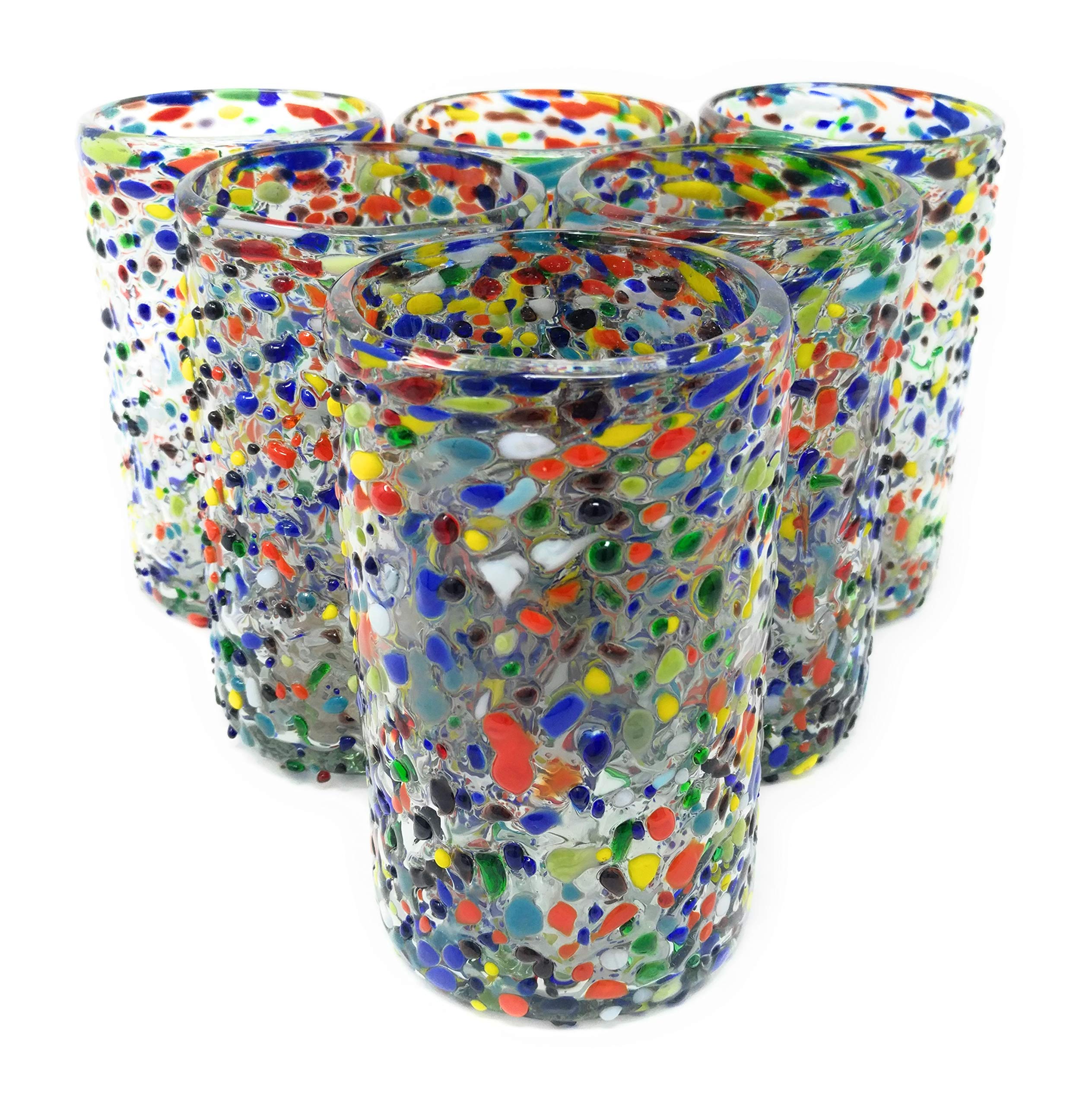 Hand Blown Mexican Drinking Glasses - Set of 6 Colorful Confetti Rock Design 14oz Glasses for Margaritas, Cocktails & Party Decor - Durable & Unique Barware for Home, Restaurants & Gifts