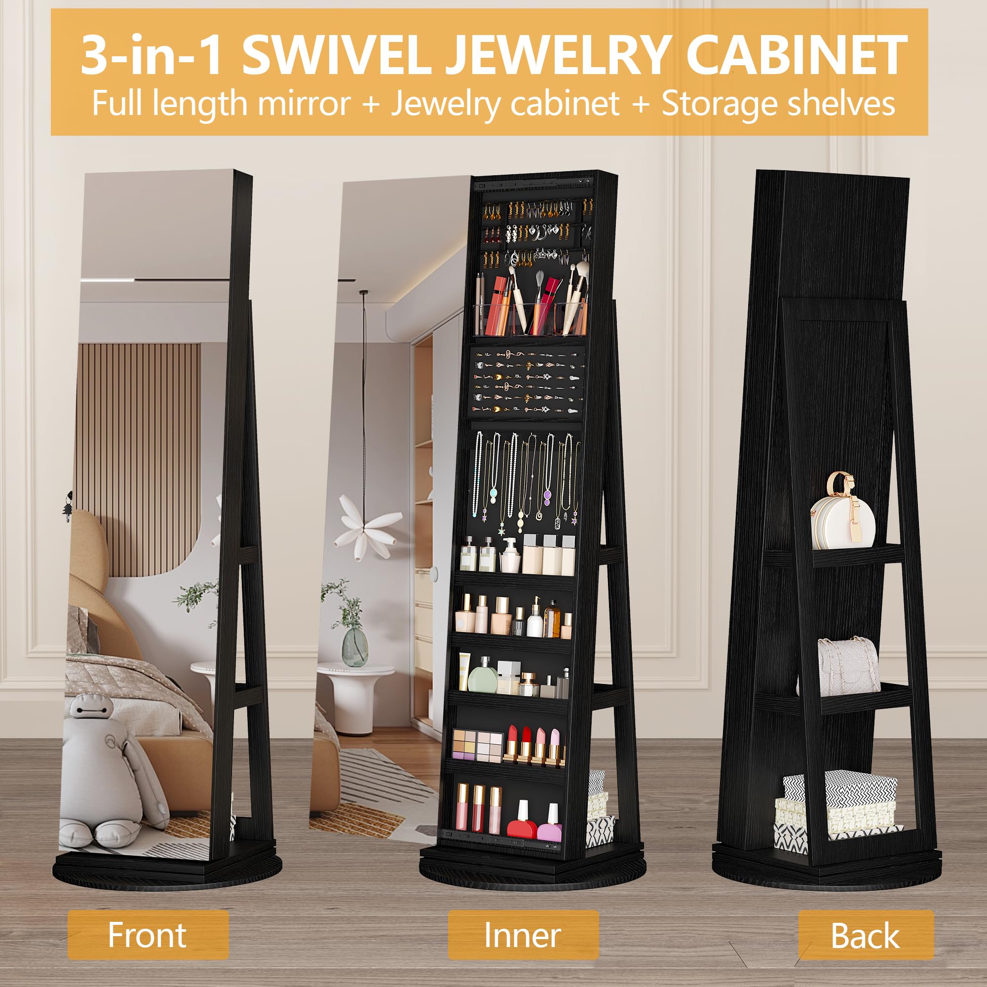 360° Swivel Jewelry Mirror Cabinet with Lock - 63