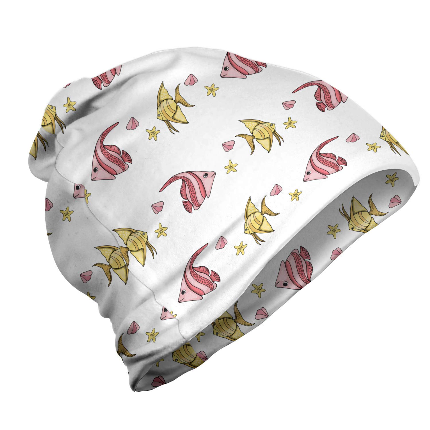 Ambesonne Unisex Beanie - Fish Starfish & Seashell Print - Warm Winter Knit Hat for Men & Women - Perfect for Hiking, Camping & Outdoor Activities