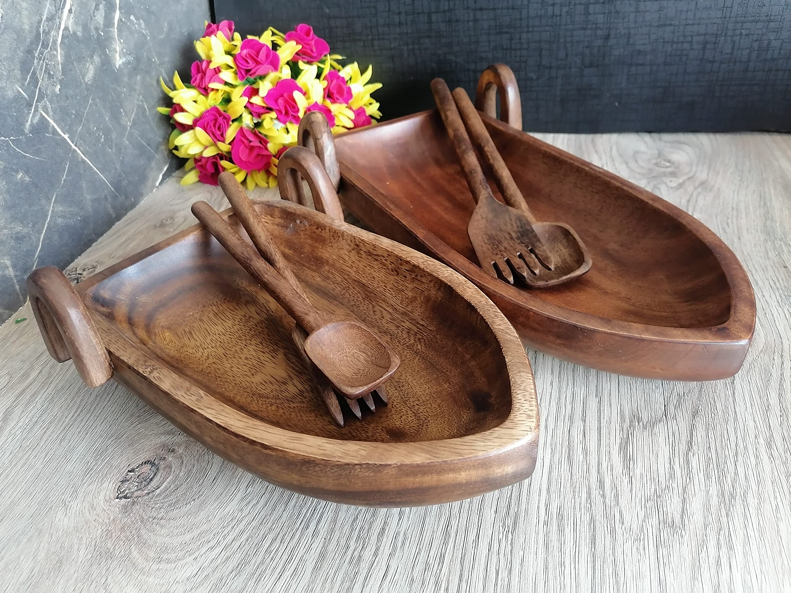 Premium Set of 2 Acacia Wood Serving Trays - Natural Brown Wooden Boat-Shaped Platters for Fruits, Salads, Snacks, Charcuterie & Appetizers | Includes 2 Forks & Spoons (10