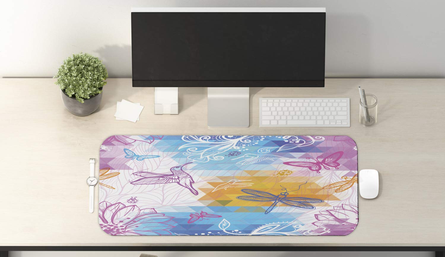 Ambesonne Dragonfly Mouse Pad - Non-Slip Rubber Gaming Mousepad with Geometric Dragonfly & Beetle Design, Large 31