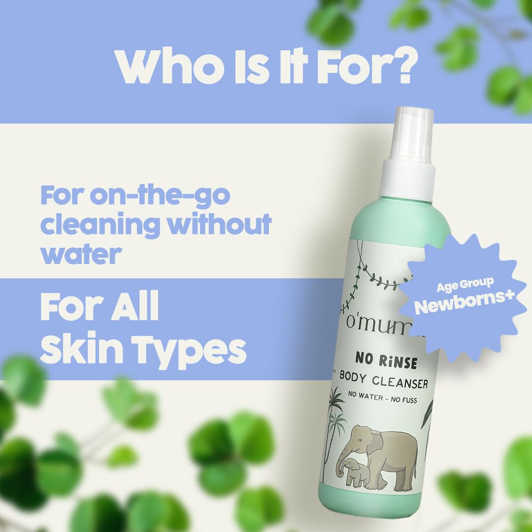 O'mumsie Organic Baby Cleanser Spray - No Rinse, Waterless Formula with Aloe Vera & Papaya Extract | Fragrance-Free, Vegan, Hypoallergenic (100ml) | Perfect for Travel, Diaper Changes & Sensitive Skin Care