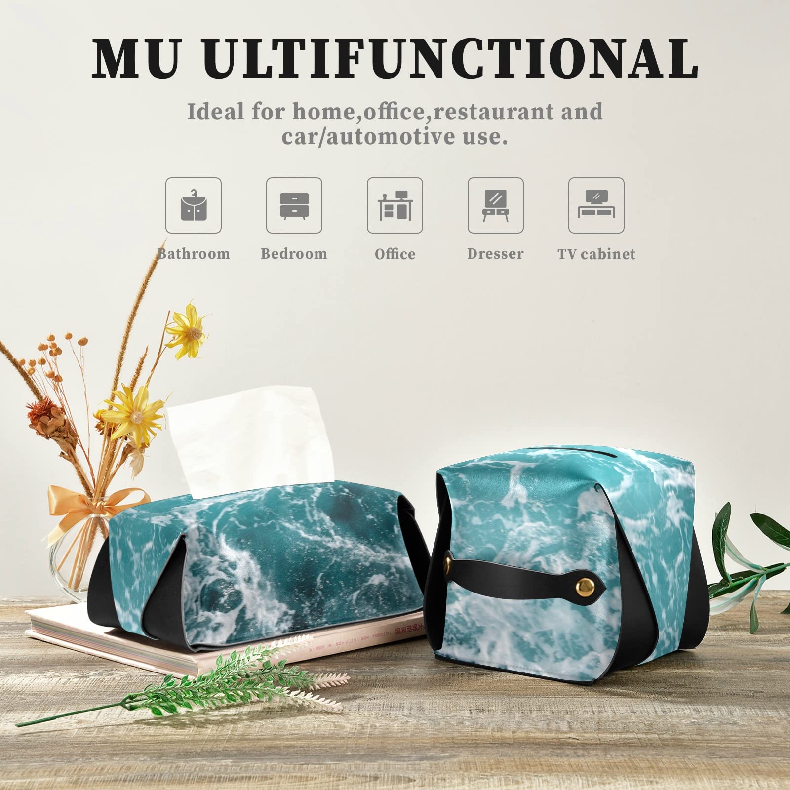 Turquoise Ocean Wavy Surface Leather Tissue Box Cover with Handle - 5.7x5.7x5.7 Inch Square Design for Bathroom, Home, Office & Car - Perfect for Nightstands, Vanity Countertops and Desks - Water Splash Close-Up Texture