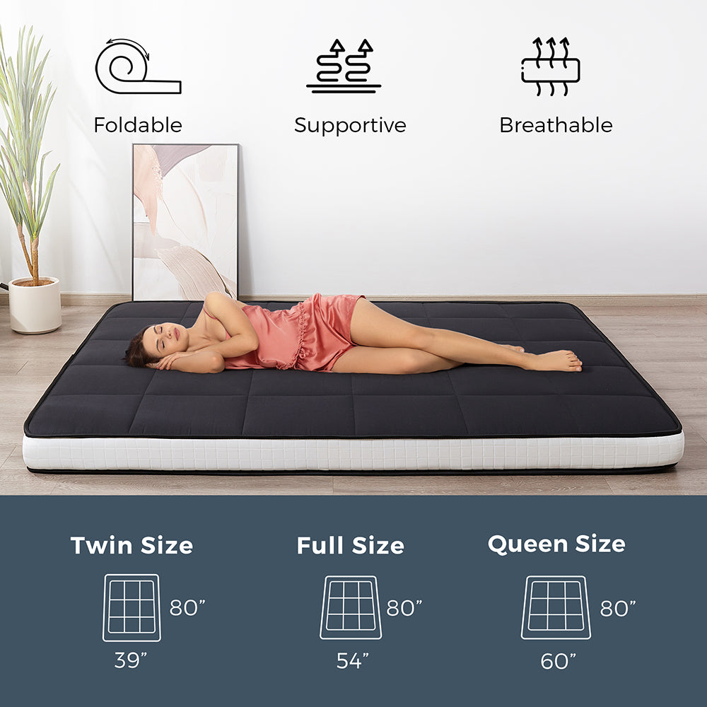 MAXYOYO 6-Inch Extra Thick Square Floor Futon Mattress - Foldable Memory Foam Topper Mattress Pad for Guest Bed, Dorm Room & Small Spaces - Black