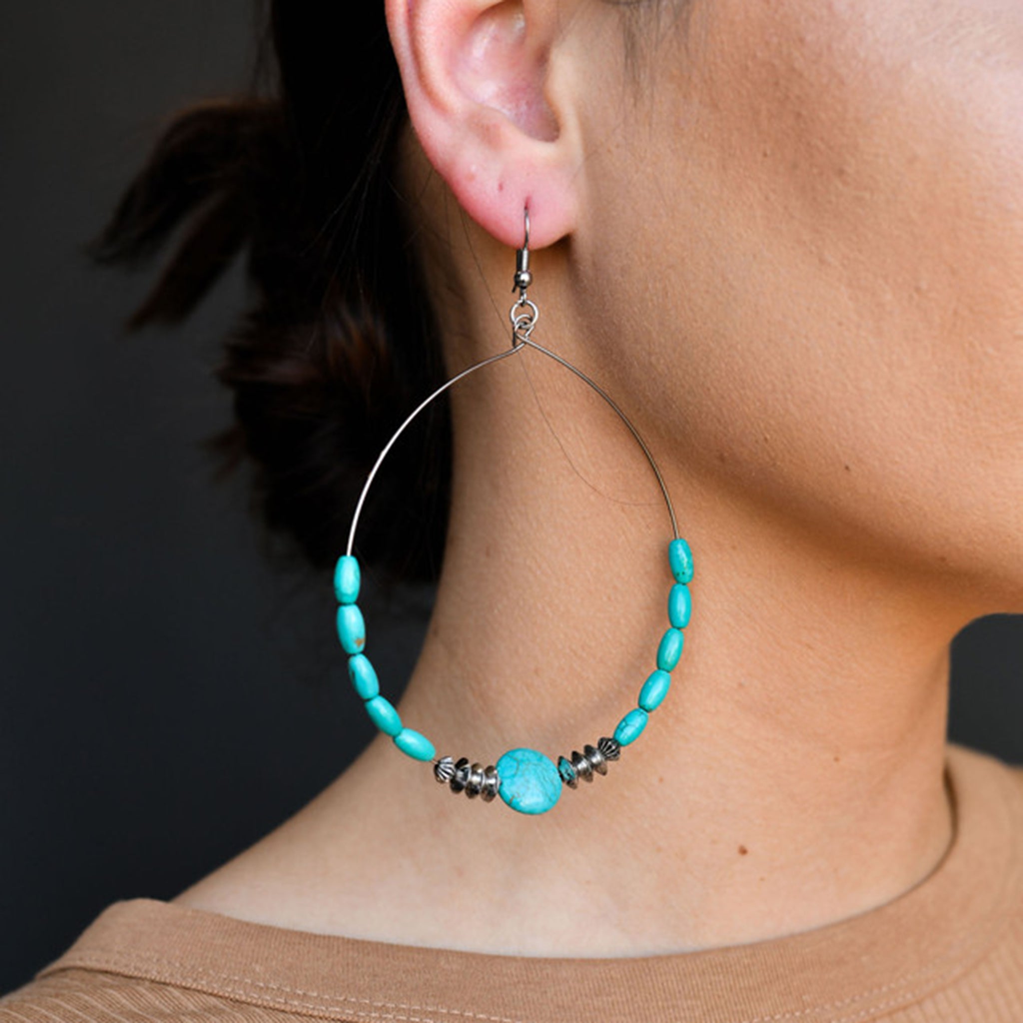 4 Green Turquoise & Silver Disc Beaded Hoop Earrings for Women - Boho Chic Jewelry for Parties, Weddings & Everyday Wear