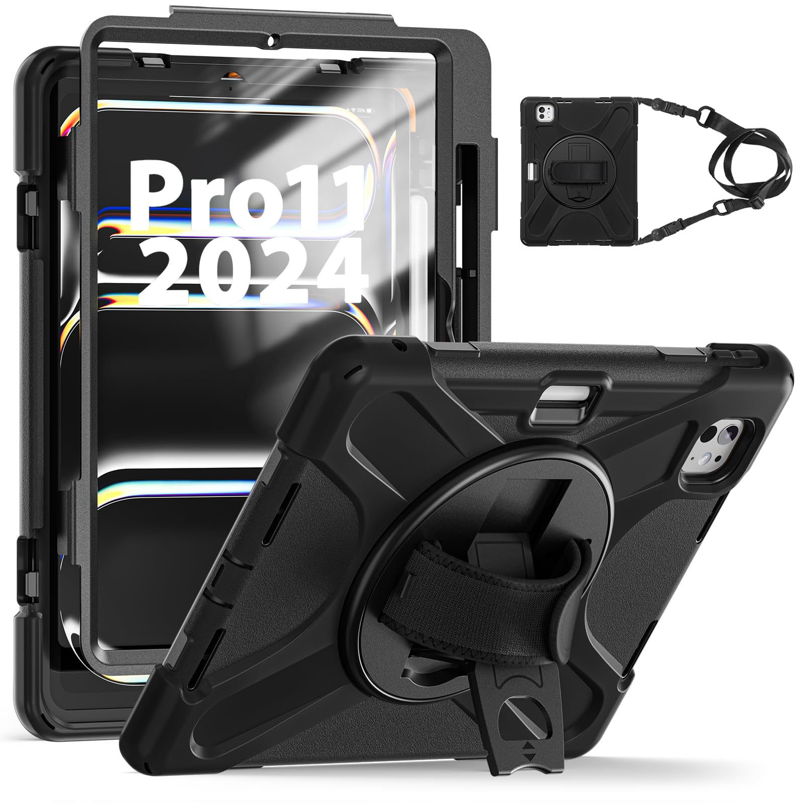 **Military Grade Shockproof iPad Pro 11 Case (5th Gen/M4 2024) with Screen Protector & 360° Rotating Stand - Heavy Duty Protective Cover with Pencil Holder & Hand Strap - Perfect for Work, Travel & Outdoor Use - Black**