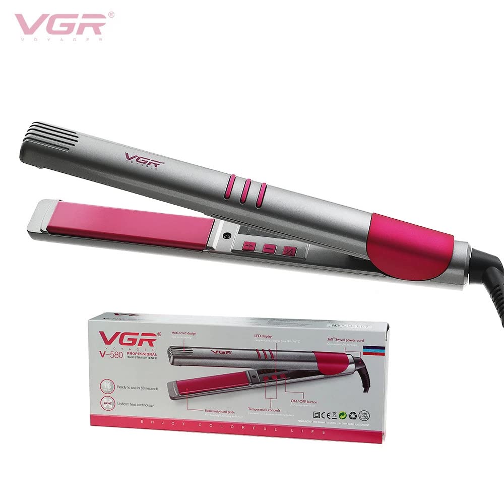 VGR V-580 Professional Ceramic Coated Hair Straightener - 210°F Max Heat with Uniform Heat Technology for Smooth & Shiny Hair (Grey, Pink) - Perfect for Home Use, Salons & Travel