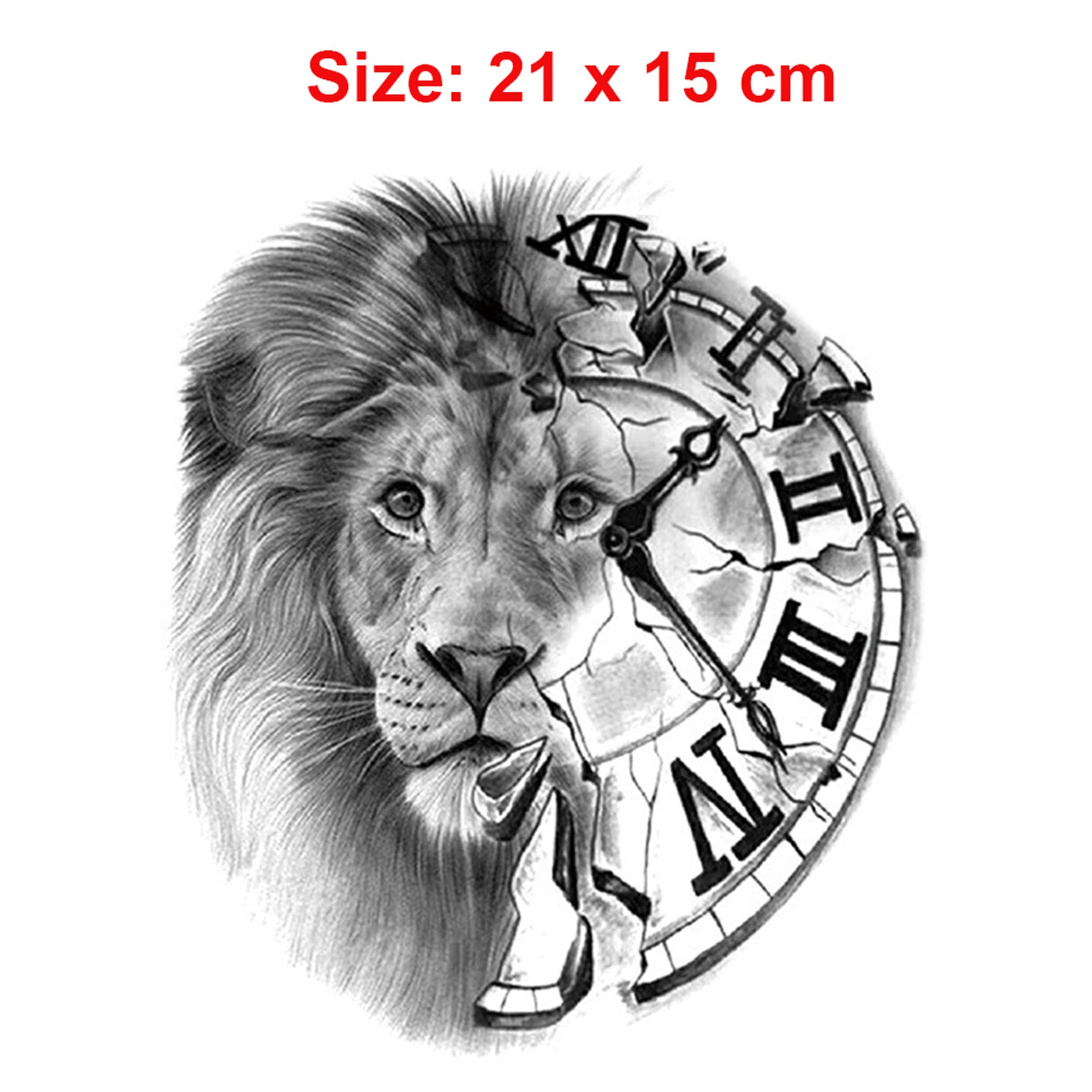 Waterproof Temporary Tattoos for Men & Women - Lion Face with Half Clock Design | Long Lasting Fake Tattoos for Parties, Halloween & Cosplay | S.A.V.I Fashion Body Art