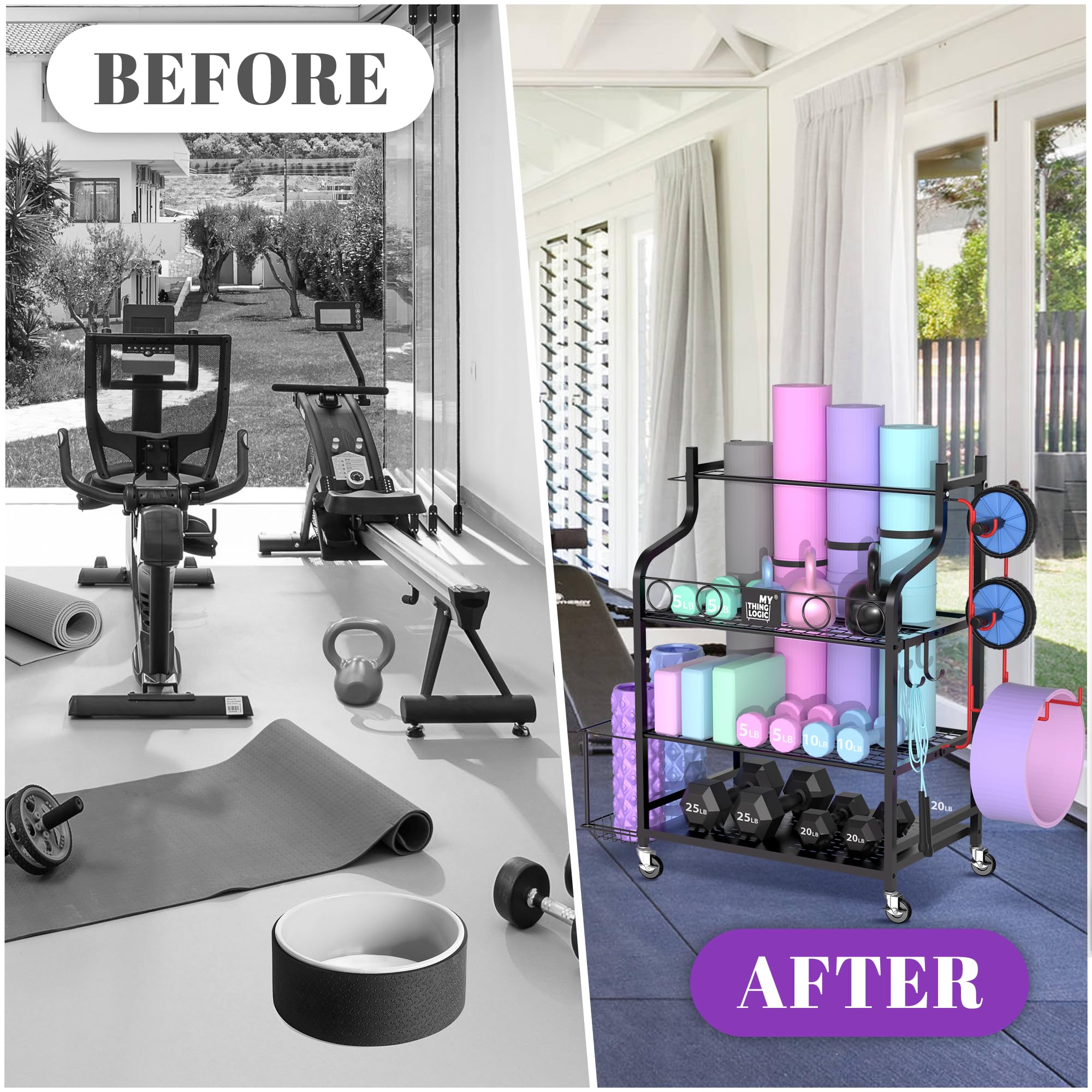 Mythinglogic Yoga Mat Storage Rack - Heavy Duty Home Gym Organizer for Dumbbells, Kettlebells, Foam Rollers, Yoga Straps & Resistance Bands - Space Saving Workout Equipment Storage with Hooks & Wheels - Perfect for Home Gym, Yoga Studio & Fitness Room Organization