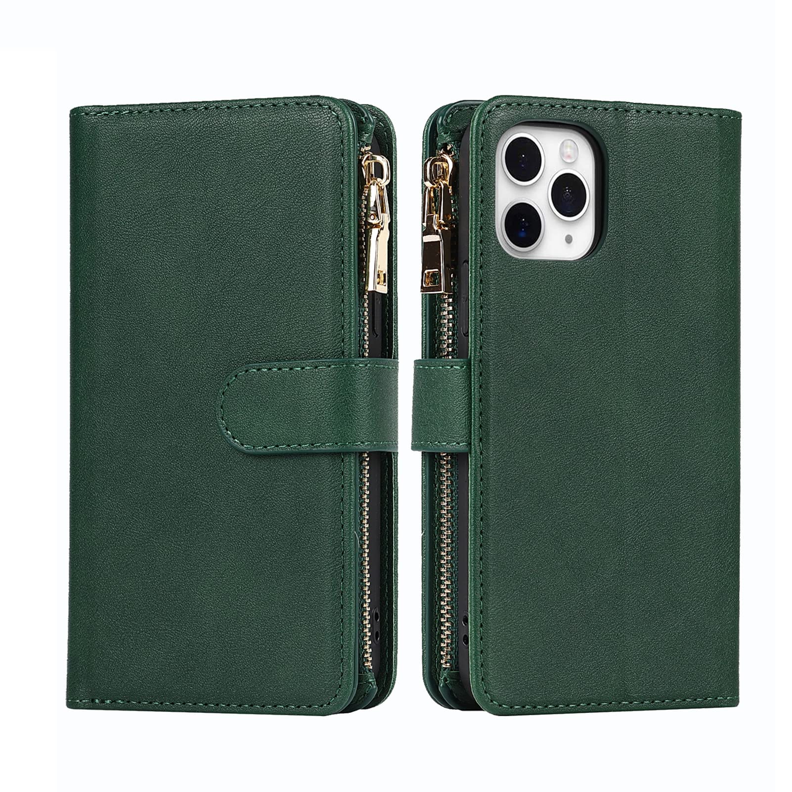 Jaorty iPhone 11 Pro Max Wallet Case (6.7 Inch) - PU Leather Phone Case with Card Holder, Zipper Pocket & Adjustable Strap - Dark Green - Perfect for Everyday Use, Travel & Hands-Free Convenience