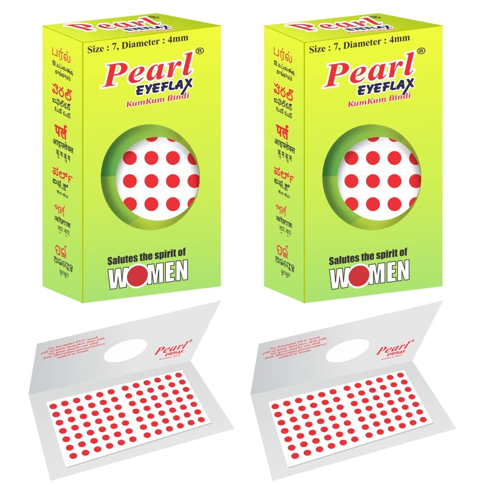 Authentic Pearl Eyeflax Kumkum Bindi - Red Round Pack of 2 (15 Flaps Each, 7mm Size, 4mm Diameter) - Perfect for Indian Weddings, Festivals & Cultural Events