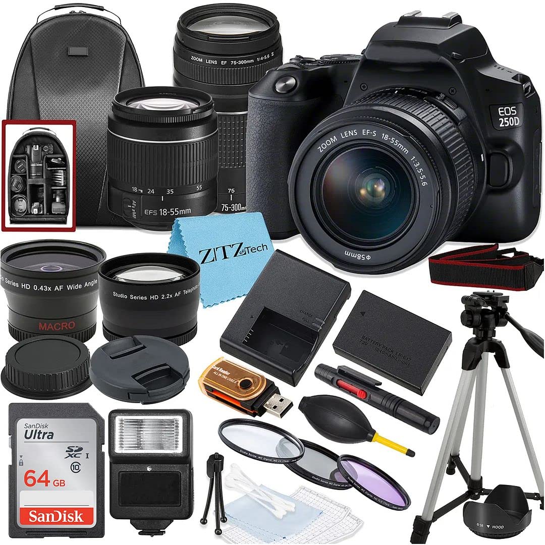 Canon EOS 250D / Rebel SL3 DSLR Camera with 18-55mm & 75-300mm Lens Kit - ZeeTech Accessory Bundle Includes SanDisk 64GB Memory Card, Tripod, Case, Wide Angle Lens - Perfect for Travel Photography, Vlogging & Professional Shooting