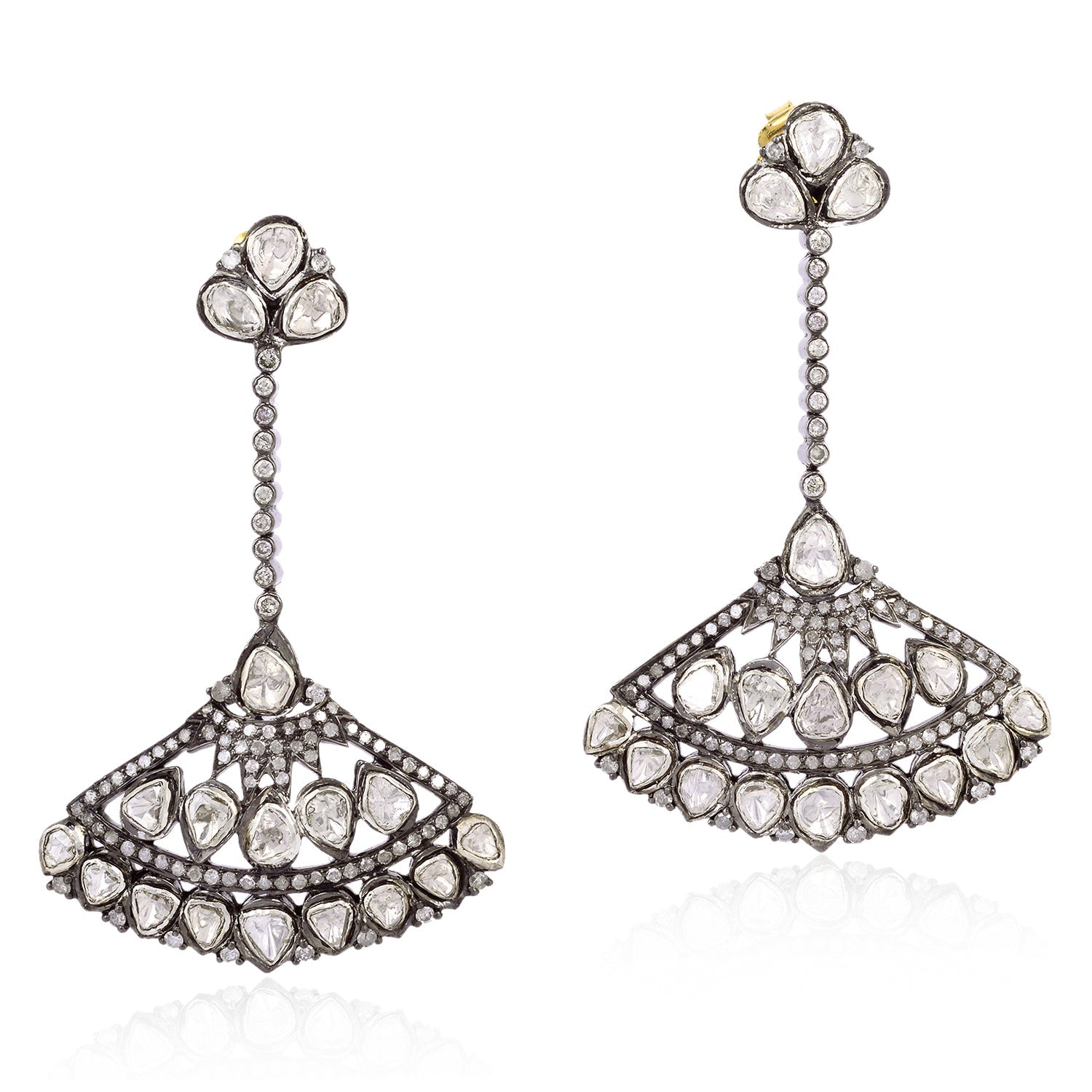 Elegant Fan-Shaped Dangle Drop Earrings with Pave Uncut Diamonds - 18K Gold & Silver Jewelry for Women | Perfect for Weddings, Parties & Special Occasions