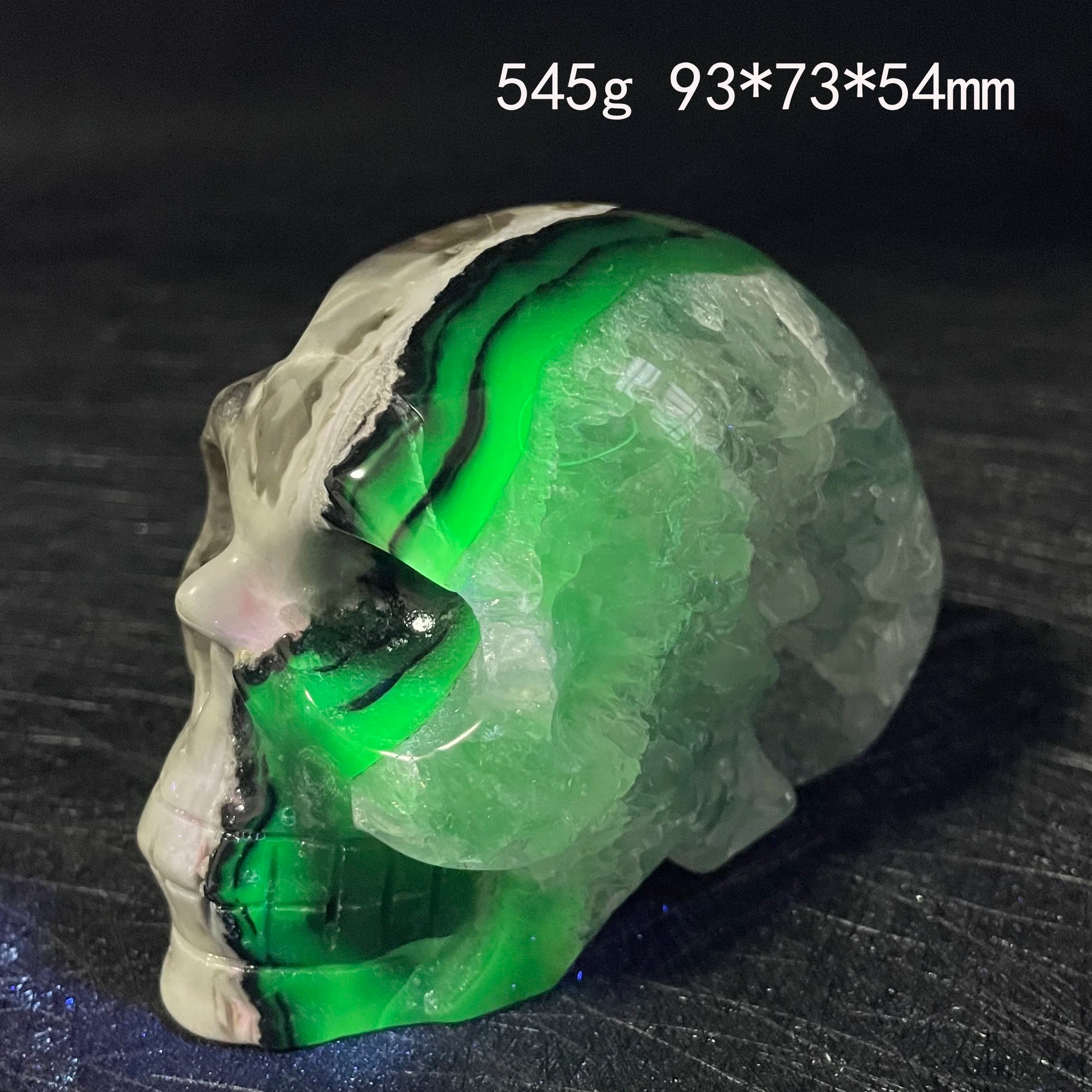 Natural Fluorescent Volcanic Agate Crystal Skull Carving - Polished Quartz Alien Head Stone for Reiki Healing, Meditation & Home Decor (Perfect for Spiritual Gifts, Yoga Spaces & Gothic Collections)