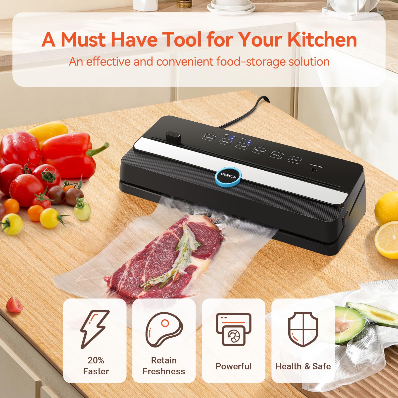 GERYON Automatic Vacuum Sealer Machine for Food Preservation - Compact Design with Built-in Cutter, Starter Kit & LED Lights | Dry & Moist Food Modes | Easy to Clean | Perfect for Meal Prep, Sous Vide & Long-Term Food Storage
