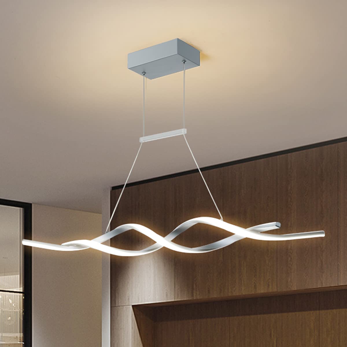 Jaycomey Modern LED Pendant Light Fixture - Dimmable Wave Shape Chandelier with Remote Control, 3000K-6000K Color Temperature, 28W Acrylic & Aluminum Hanging Light for Dining Room, Kitchen Island, Restaurant, Bar, Living Room - Gray