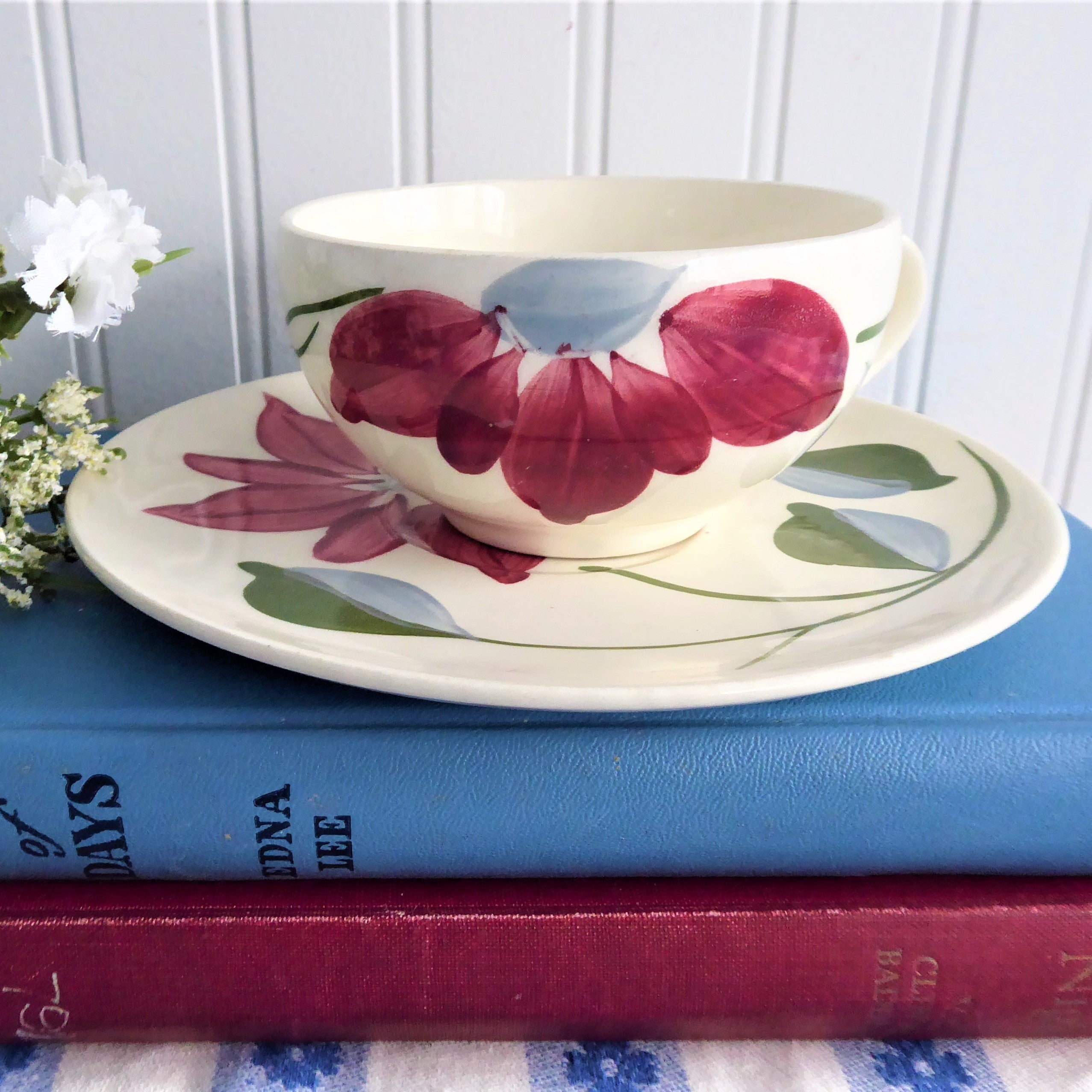 Vintage Blue Ridge Poinsettia Teacup and Saucer Set - 1940s Colonial Style Holiday China for Christmas Tea Parties, Collecting, and Home Decor