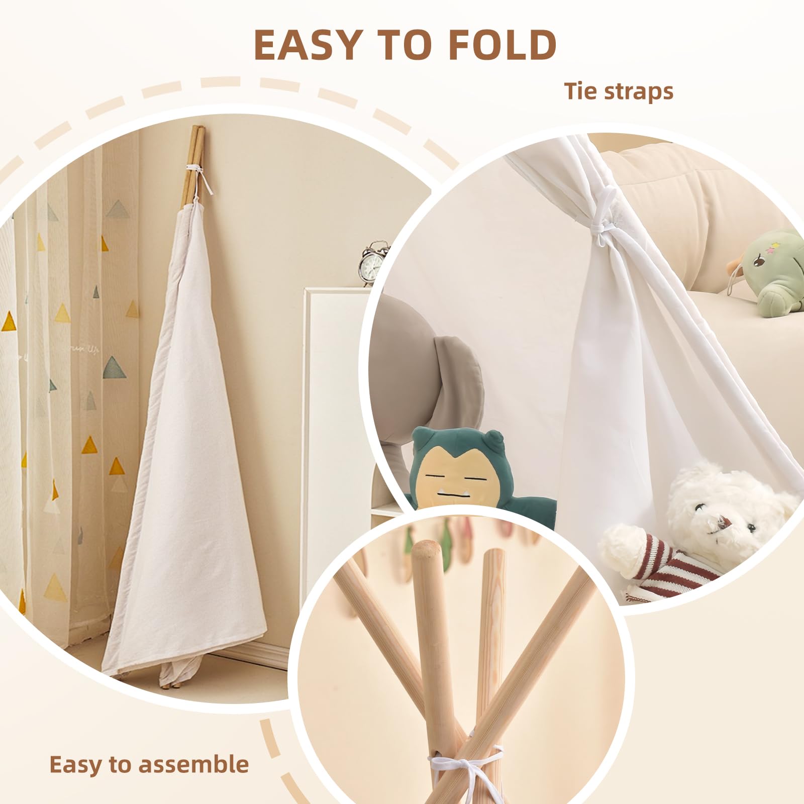 Wholelovein 6-Piece Kids Teepee Play Tent - Foldable & Washable Boho Playhouse for Girls & Boys - Perfect for Indoor Play, Sleepovers, Birthday Parties & Nursery Decor (White)