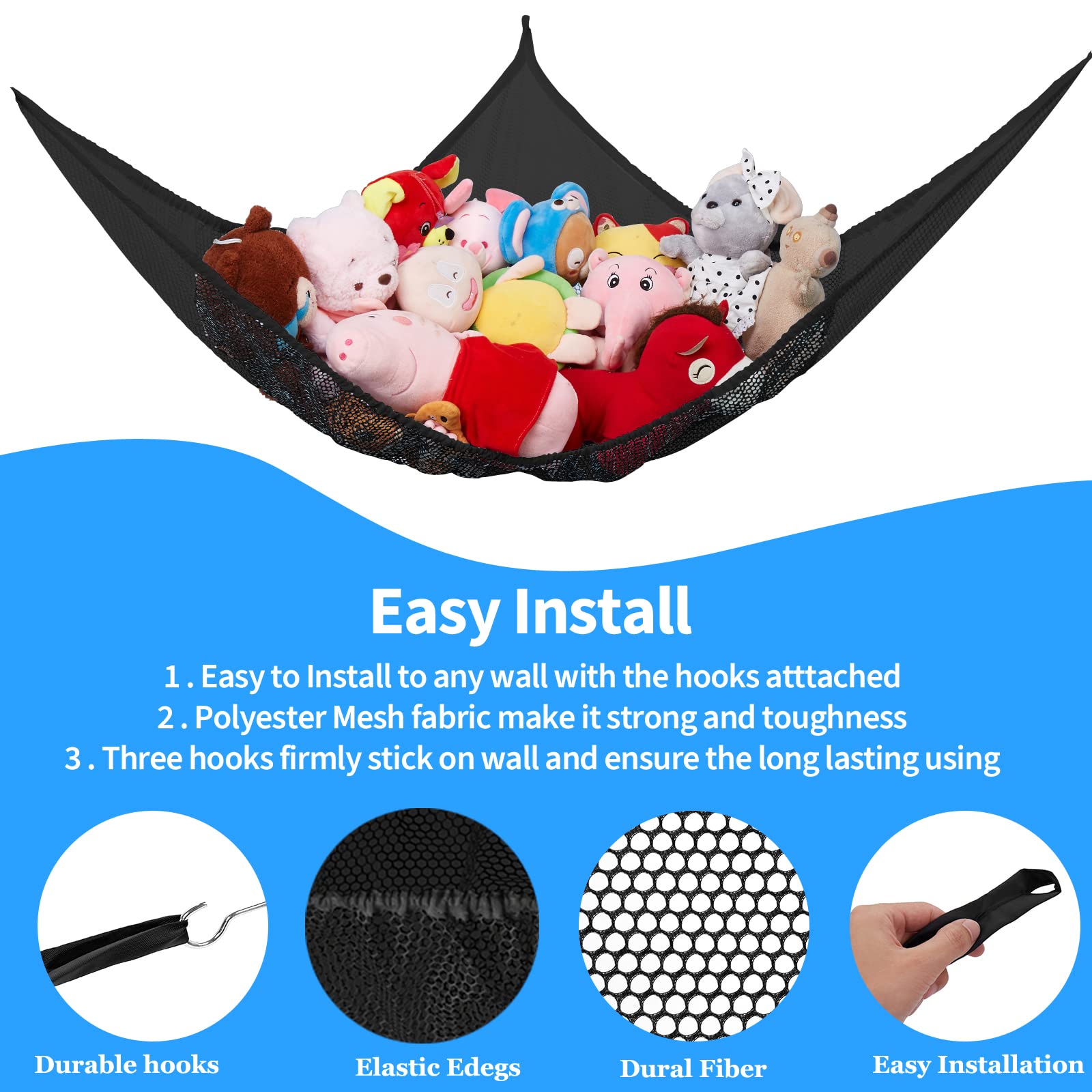 LXUNYI Extra Large Stuffed Animal Storage Net - 2 Pack Black Mesh Toy Hammock for Kids Room, Baby Nursery, Playroom & Bedroom Organizer - Perfect for Stuffed Animals, Plush Toys & Soft Toys Corner Wall Hanging Storage Solution