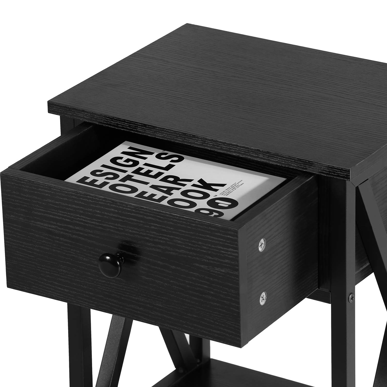 VECELO Modern Nightstand Set of 2 - X-Design Side Table with Storage Shelf & Bin Drawer for Bedroom, Living Room - Versatile End Table for Small Spaces (Black) | Perfect for Apartment, Dorm, Guest Room
