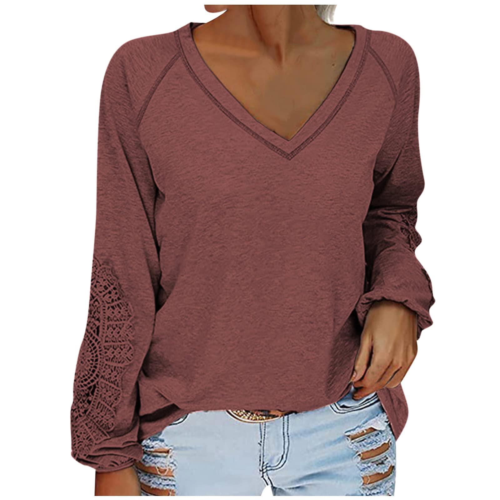 Women's Solid Color Lace Stitching T-Shirt - Lantern Sleeve Casual Blouse Tunic Top for Everyday Wear | Perfect for Office, Date Night & Weekend Outfits