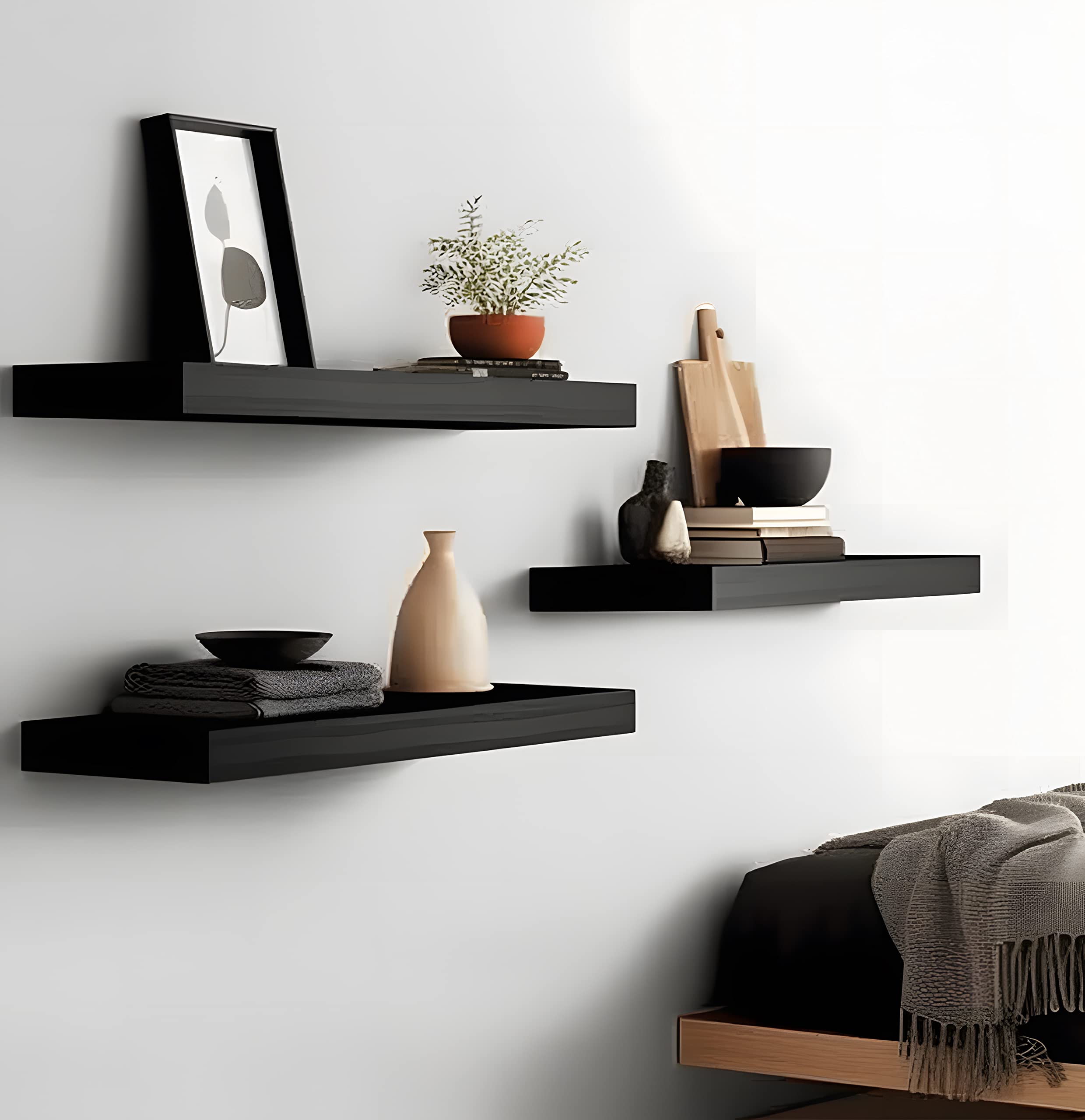 Black Wood Floating Shelves Set of 6 - Modern Wall Mounted Shelves for Bedroom, Living Room, Kitchen & Office - Rustic Wooden Wall Shelves for Home Decor & Storage