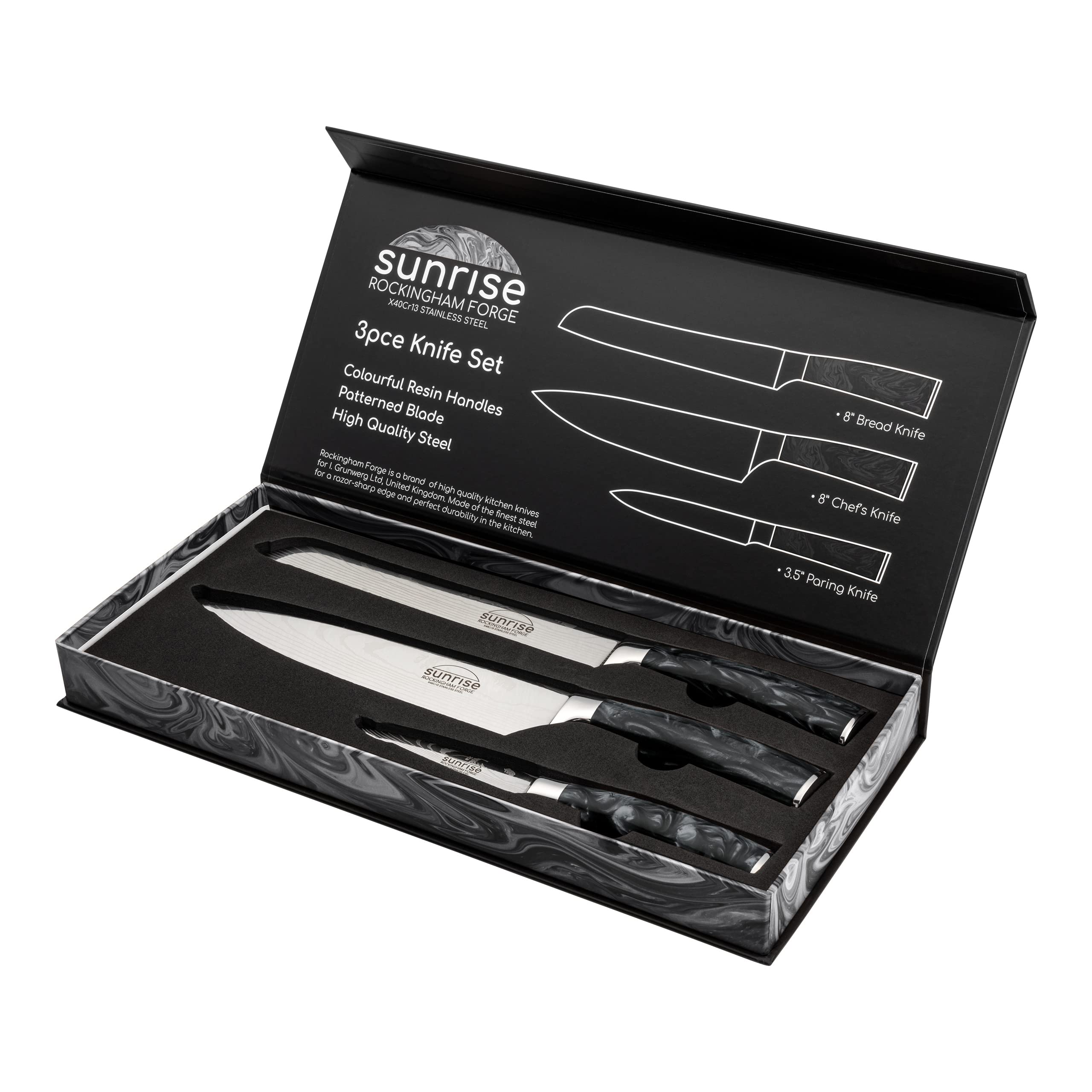 Premium 3-Piece Kitchen Knife Set - Stainless Steel Chef Knife, Paring Knife & Bread Knife with Ergonomic Resin Handles | Sunrise Collection | Perfect for Home Cooking, Meal Prep & Professional Chefs