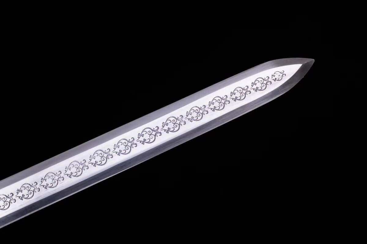 Handmade Forged High Carbon Steel Etched Blade Chinese Han Jian Sword with Alloy Handle - Authentic Martial Arts Weapon for Collection, Cosplay & Display