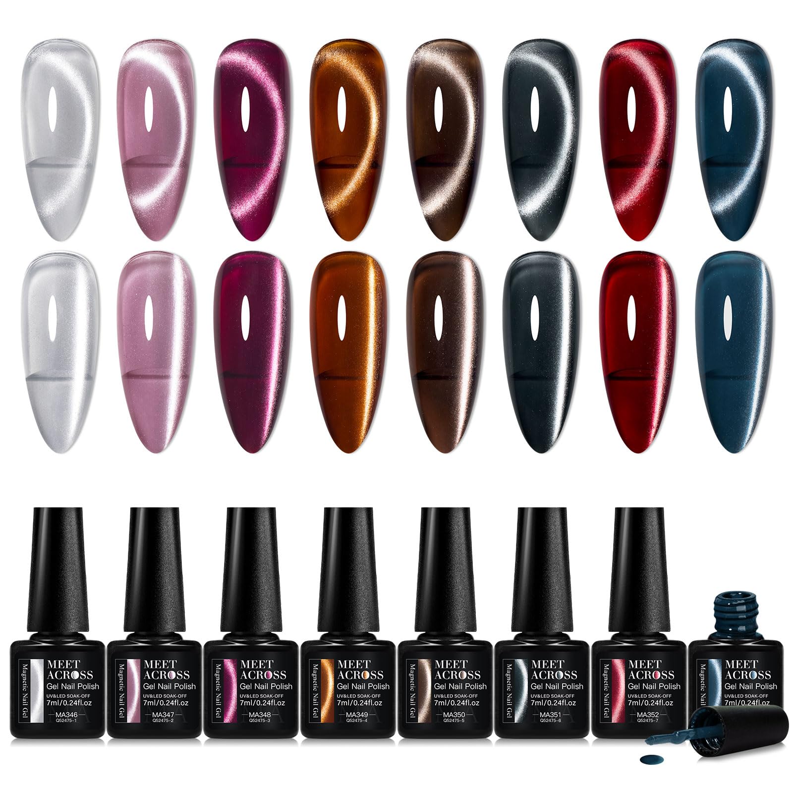 MEET ACROSS 12-Piece Cat Eye Gel Nail Polish Set - Fall Winter Retro Magnetic Nail Polish Kit in Pink, Brown, Blue, Gray & Green with Base & Top Coat - Soak Off UV Gel for Salon & Home Manicure - Perfect Gift for Nail Art Lovers