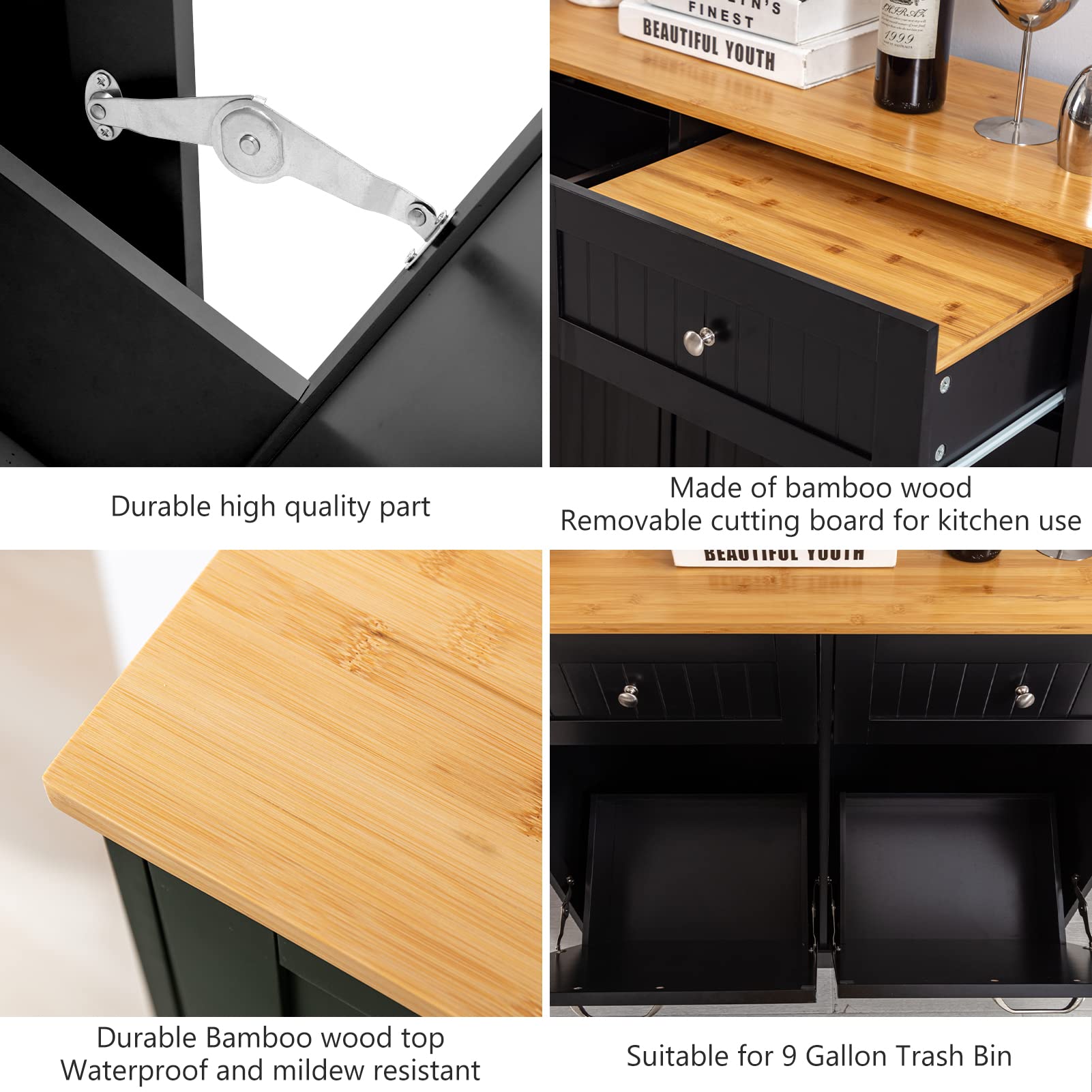 Gitua Freestanding Trash Cabinet with Tilt-Out Drawer - Pet Proof Kitchen Waste Bin & Laundry Hamper with Built-in Cutting Board - Wooden Recycling Station & Hideaway Trash Holder (2 Drawers, Black) - Perfect for Kitchens, Laundry Rooms & Small Spaces