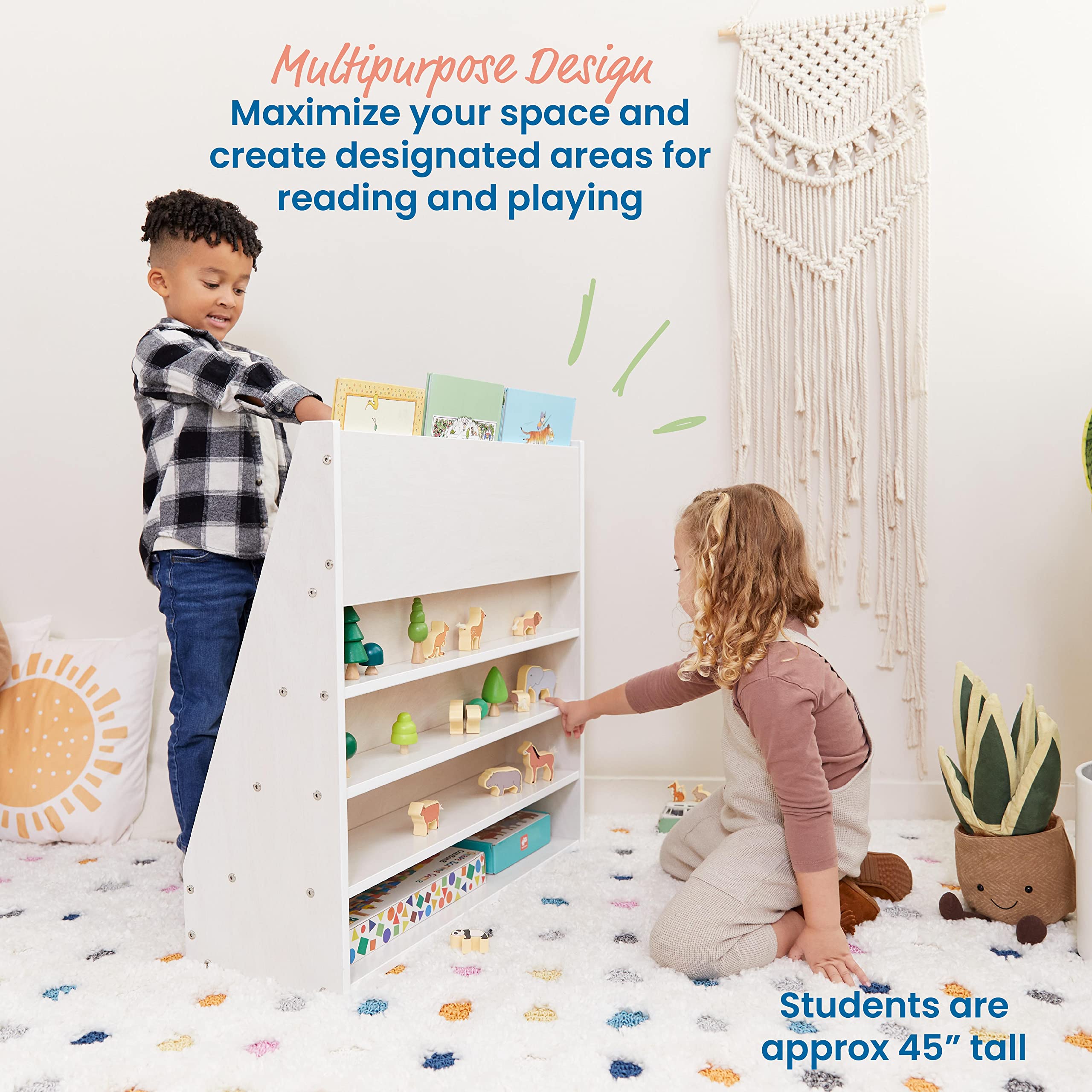ECR4Kids Streamline Single-Sided Book Display with Storage - White Wash Classroom Bookshelf for Teachers | Perfect for Preschool, Kindergarten & Homeschool Organization