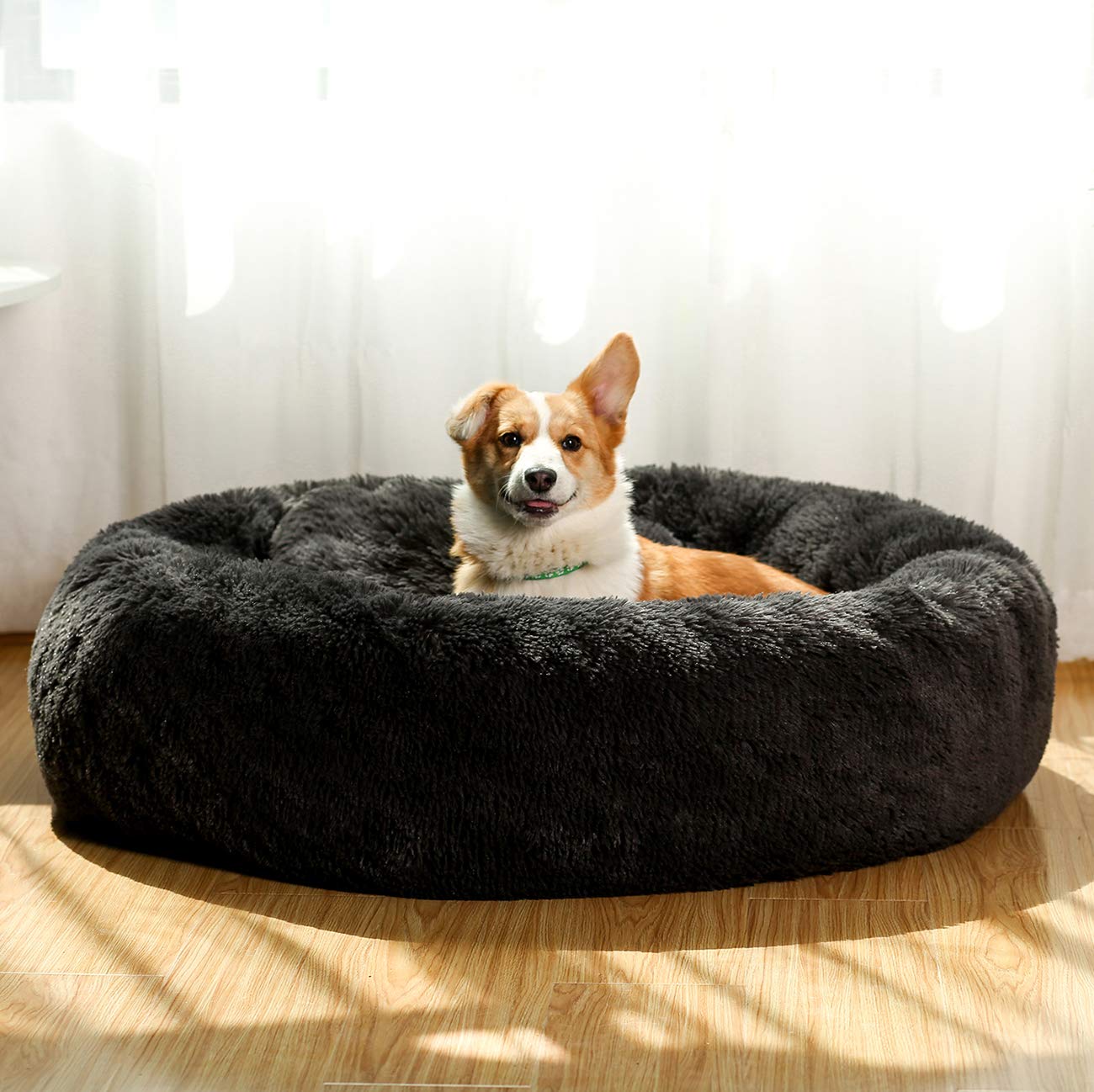 Washable Donut Dog Bed for Medium & Large Dogs - Fluffy Round Calming Cuddler Pet Bed with Faux Fur, Also Perfect for Small Cats | Cozy Sleeping Spot for Pets in Living Room or Bedroom