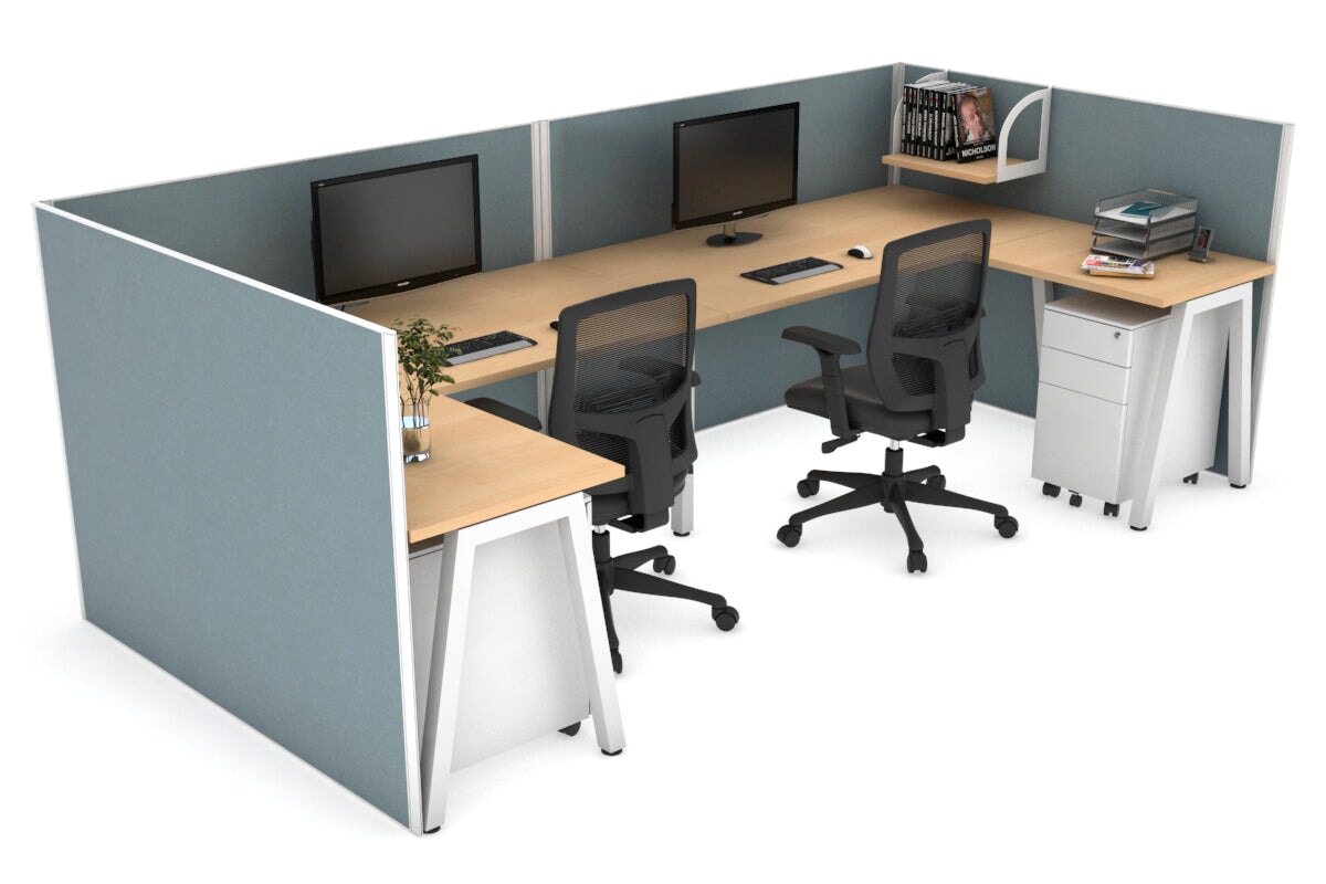 Quadro A Legs 2-Person Corner Workstation - U-Shaped White Frame Office Desk [1400L x 1800W with Cable Management] for Home & Office Workspaces
