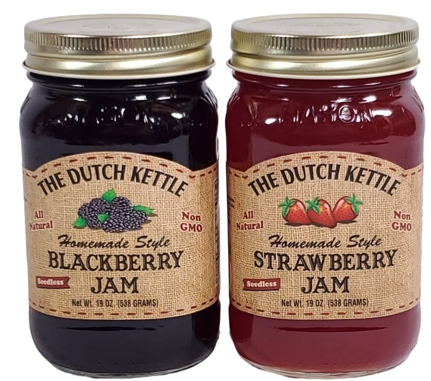 Dutch Kettle Amish Seedless Blackberry & Strawberry Jam - 2 Pack 19 Oz Jars - All Natural Fruit Spread for Toast, Pancakes & Desserts
