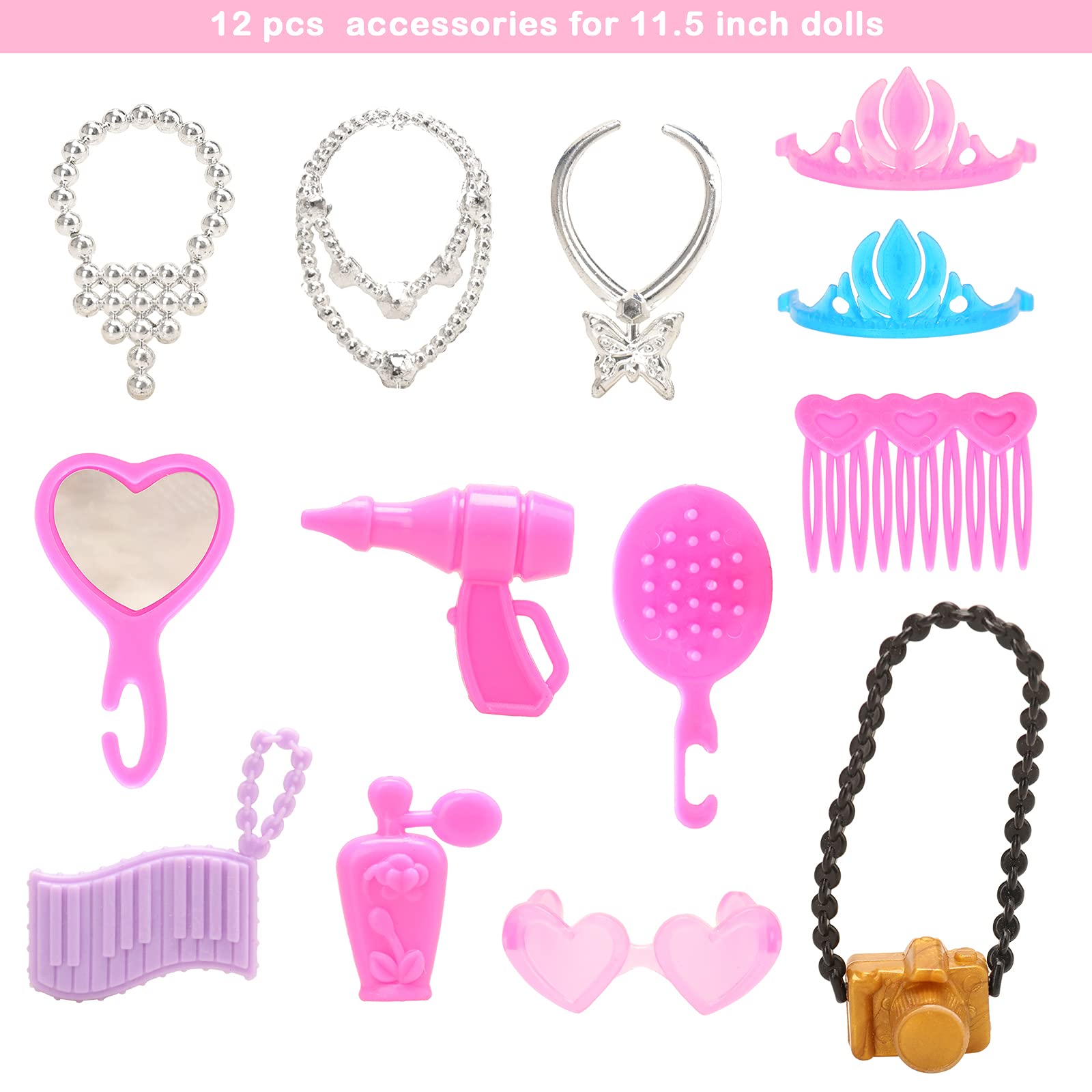 BARWA 43 PCS Doll Accessories Set - Travel Toiletries, Hair Clips, Bag, Crown, Necklace, Comb, Camera & Rubber Bands for 11.5 Inch Dolls - Perfect Christmas Gift for Kids & Collectors | Playtime, Dress Up & Photo Shoots