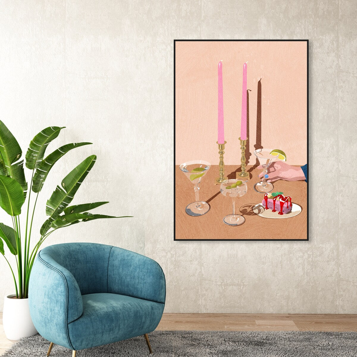 Elegant Pink Framed Canvas Wall Art - Modern Dessert & Drinks Painting for Dining Room Decor | Perfect for Kitchen, Cafe & Home Interior Design