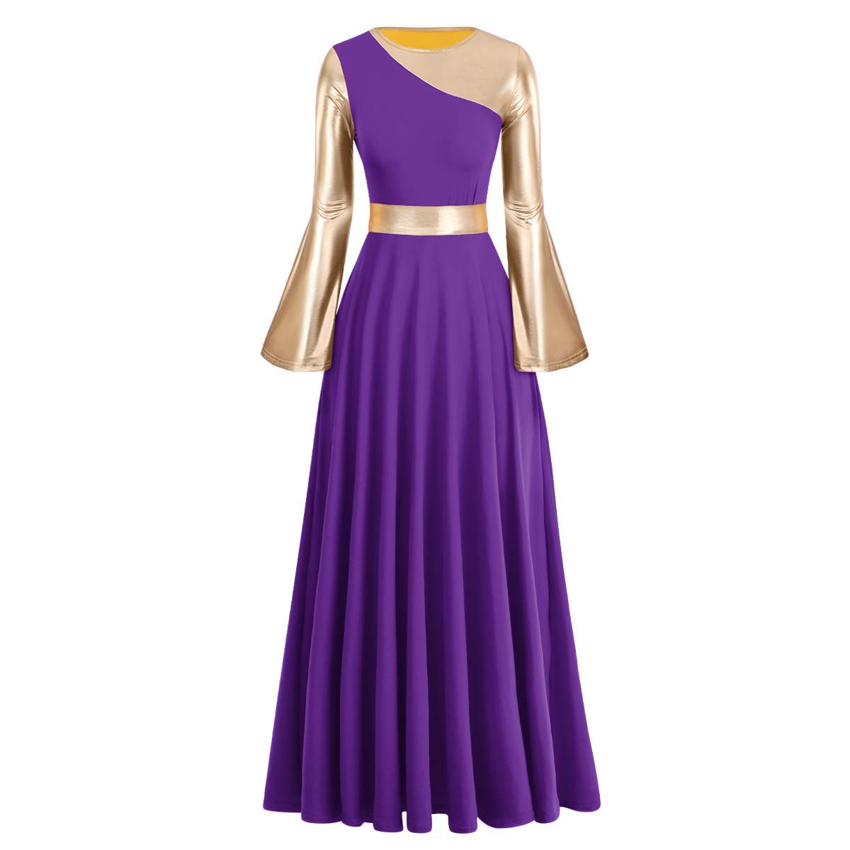 Metallic Praise Dance Dress for Women - Color Block Bell Sleeve Full Length Liturgical Worship Dress | Church Performances, Gospel Choir, Spiritual Dance Costume