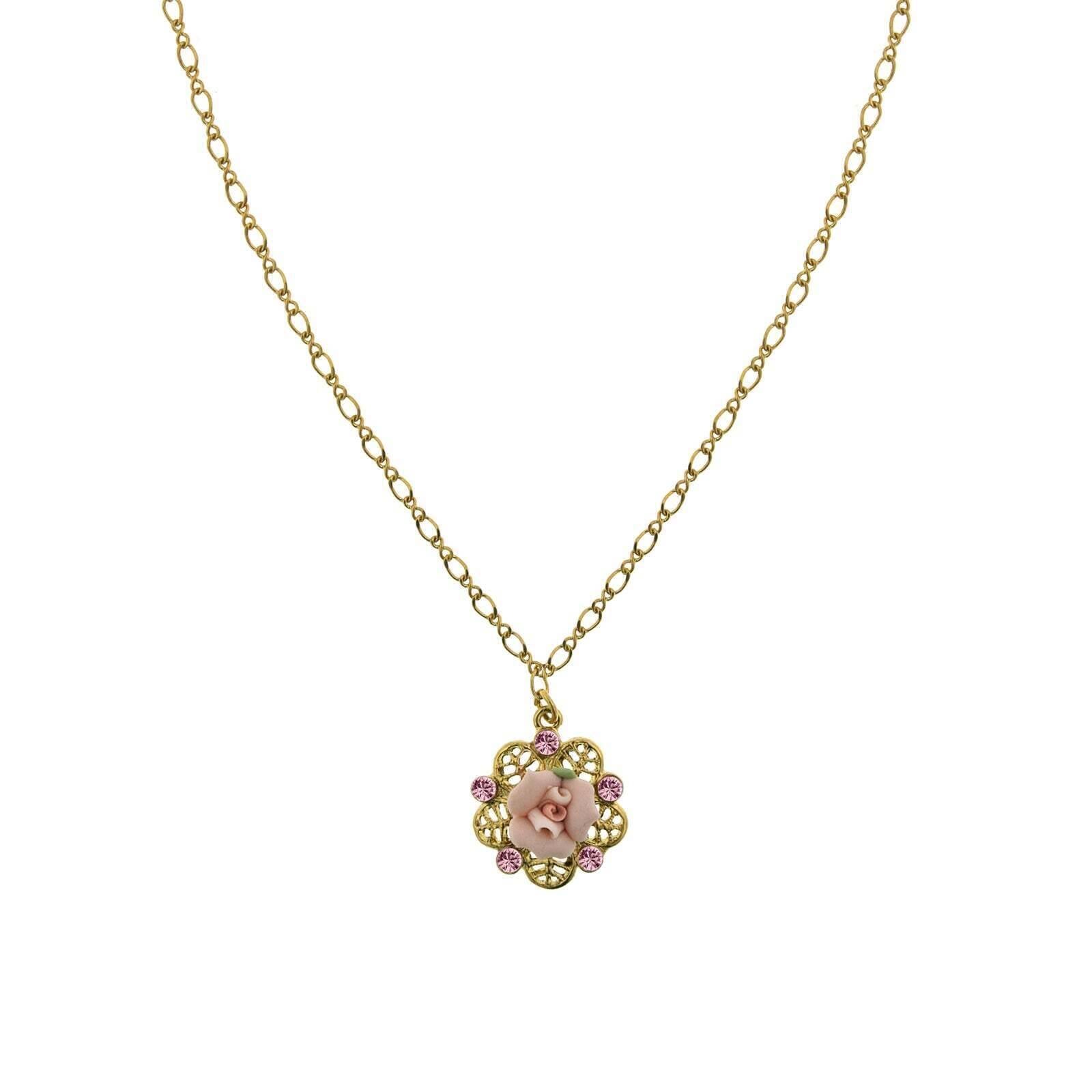 1928 Vintage Bridal Pink Crystal & Porcelain Rose Filigree Pendant Necklace - 16
