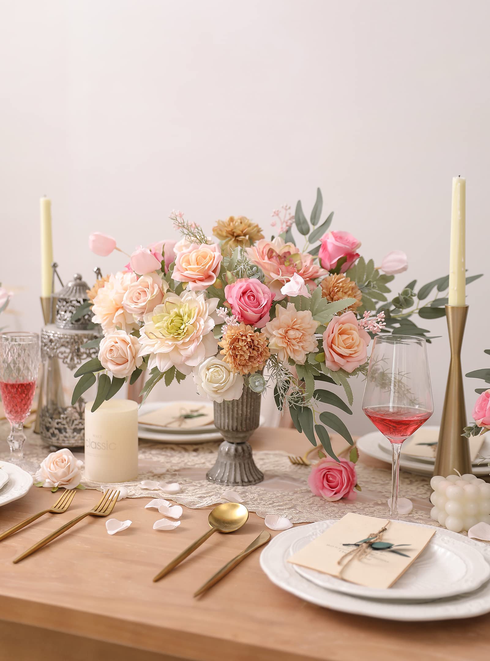Artificial Silk Flower Bouquet Set - DIY Wedding Hand Bouquet, Centerpiece Arrangement for Baby Shower, Party & Home Decor (Light Pink) | Perfect for Wedding Decorations, Table Centerpieces, Bridal Shower, Birthday Parties & Living Room Decor