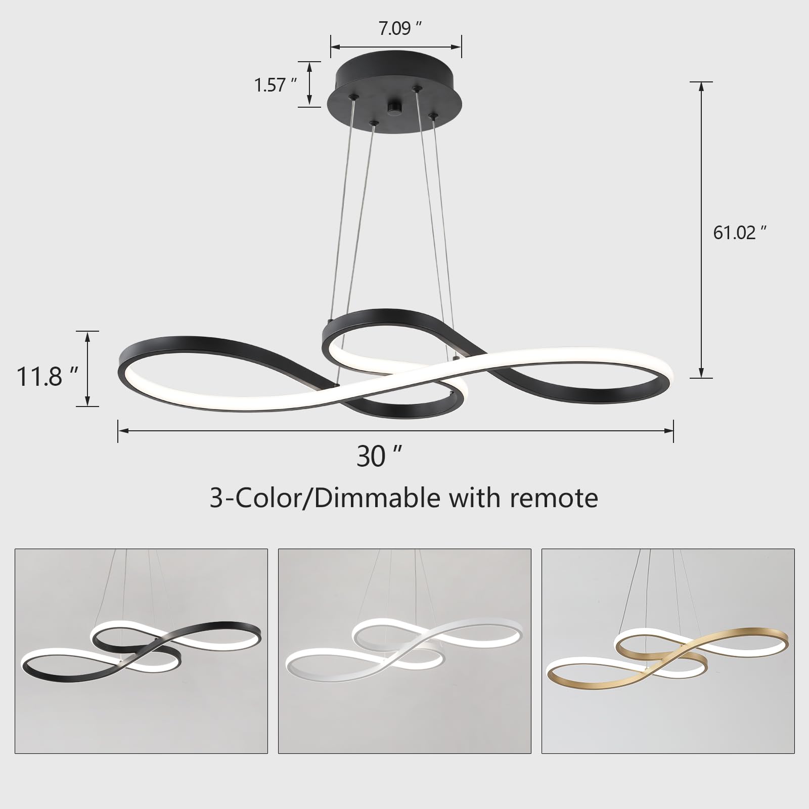 Q&S Modern Black LED Chandelier with Remote Control - Dimmable Dining Room Light Fixture for Living Room, Bar, Game Room, Restaurant, Hotel & Office - Perfect for Romantic Dinners, Entertainment Spaces & Professional Settings (30-inch)