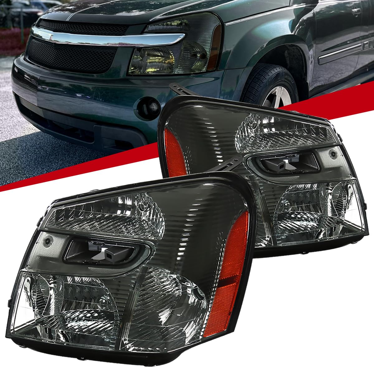 05-09 Chevy Equinox Smoke Headlights Pair - Left & Right Replacement Lamps for Enhanced Style & Night Visibility | Perfect for Off-Roading, Night Driving & Custom Car Upgrades