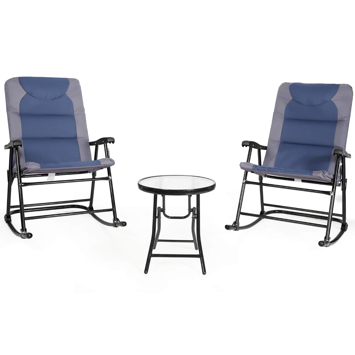 Giantex 3-Piece Outdoor Bistro Set with 2 Rocking Chairs & Round Glass Table - Patio Furniture for Yard, Deck, Backyard - Comfortable Padded Seats (Blue & Gray) | Perfect for Relaxing, Entertaining Guests, and Enjoying Morning Coffee in Your Garden